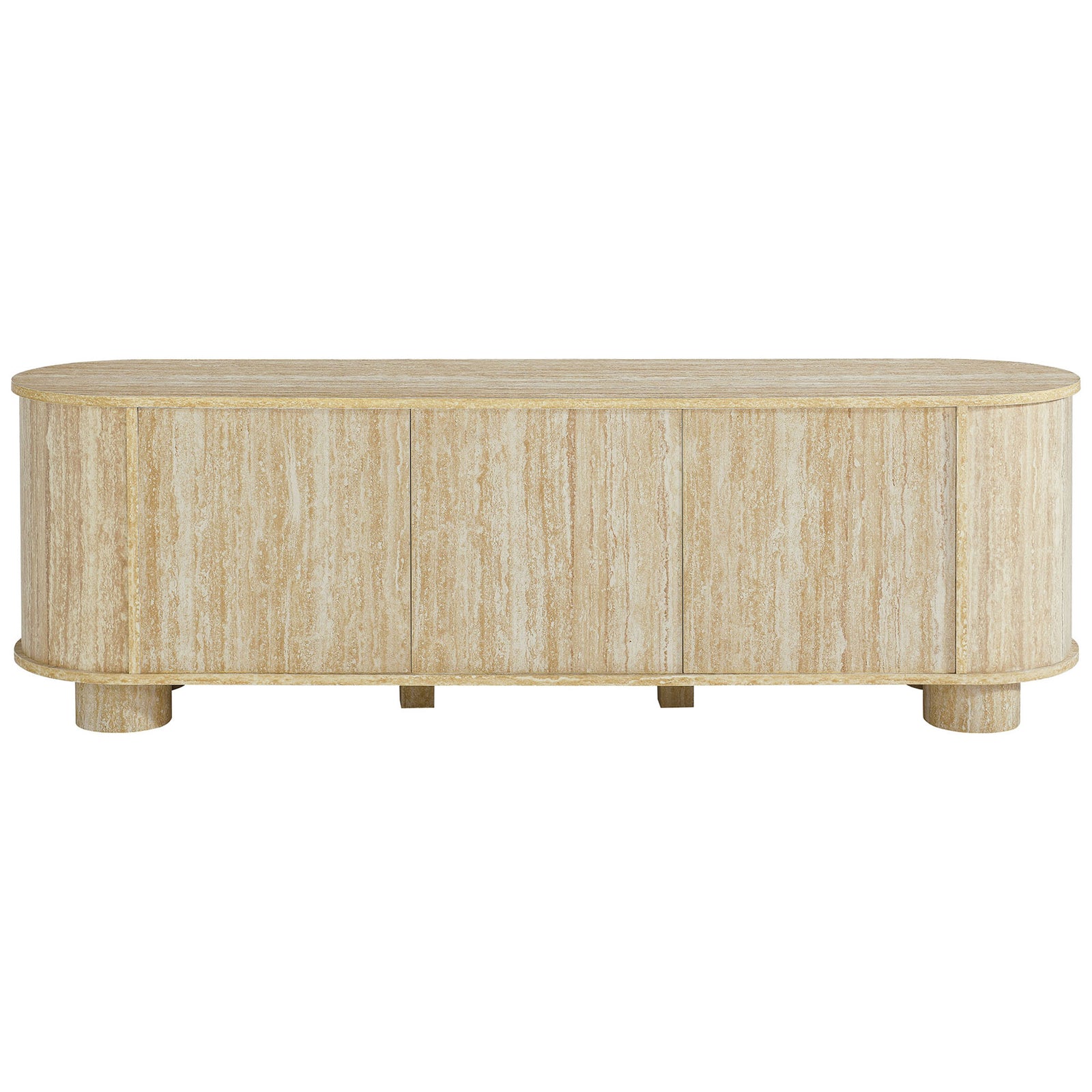 Travertine-look media cabinet featuring three seamless push-to-open doors for a clean facade || EEI-7016-TRA || front_studio