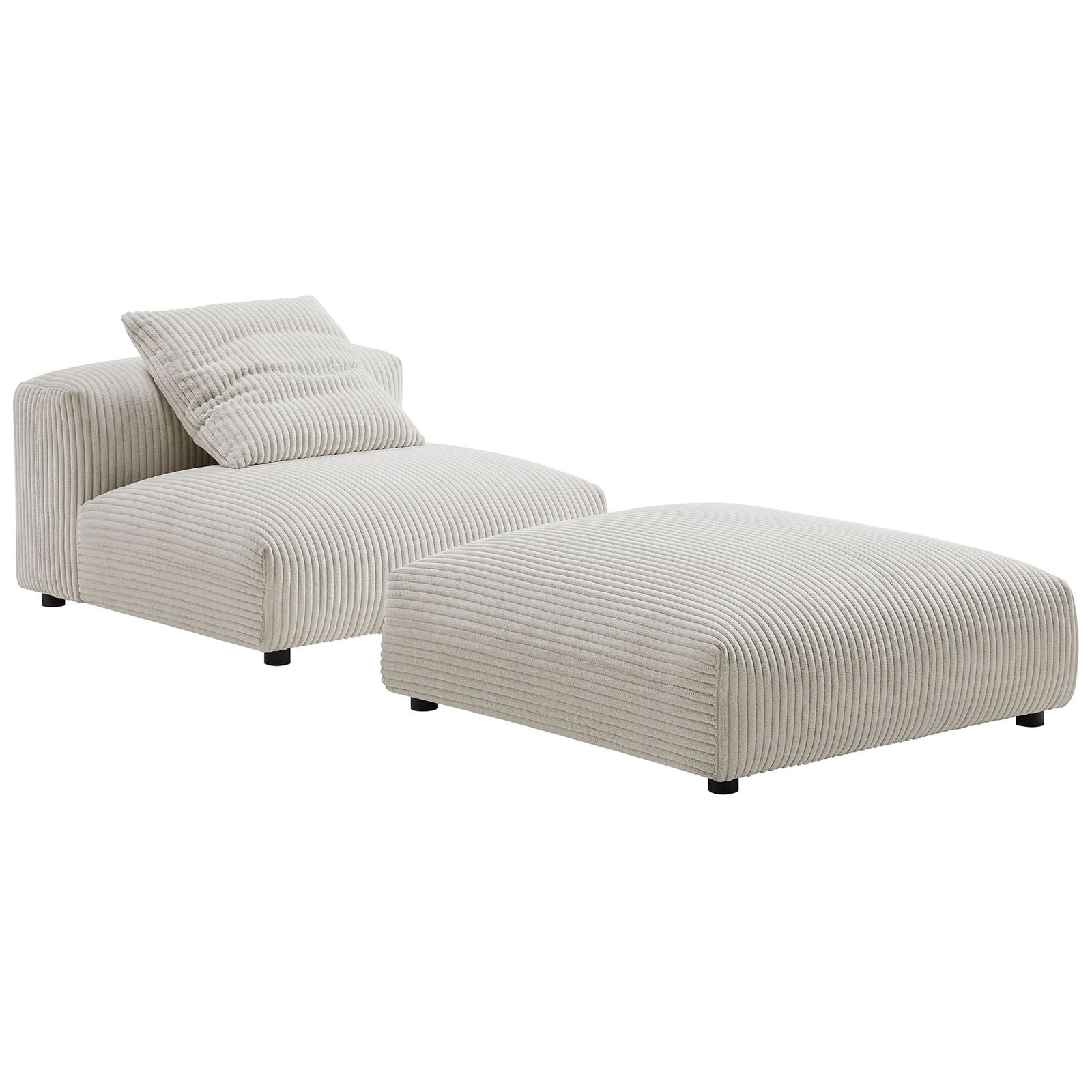 Oversized armless chair with matching ottoman in cozy ribbed corduroy, plus a plush accent pillow || EEI-7022-ALM || front_angle_studio
