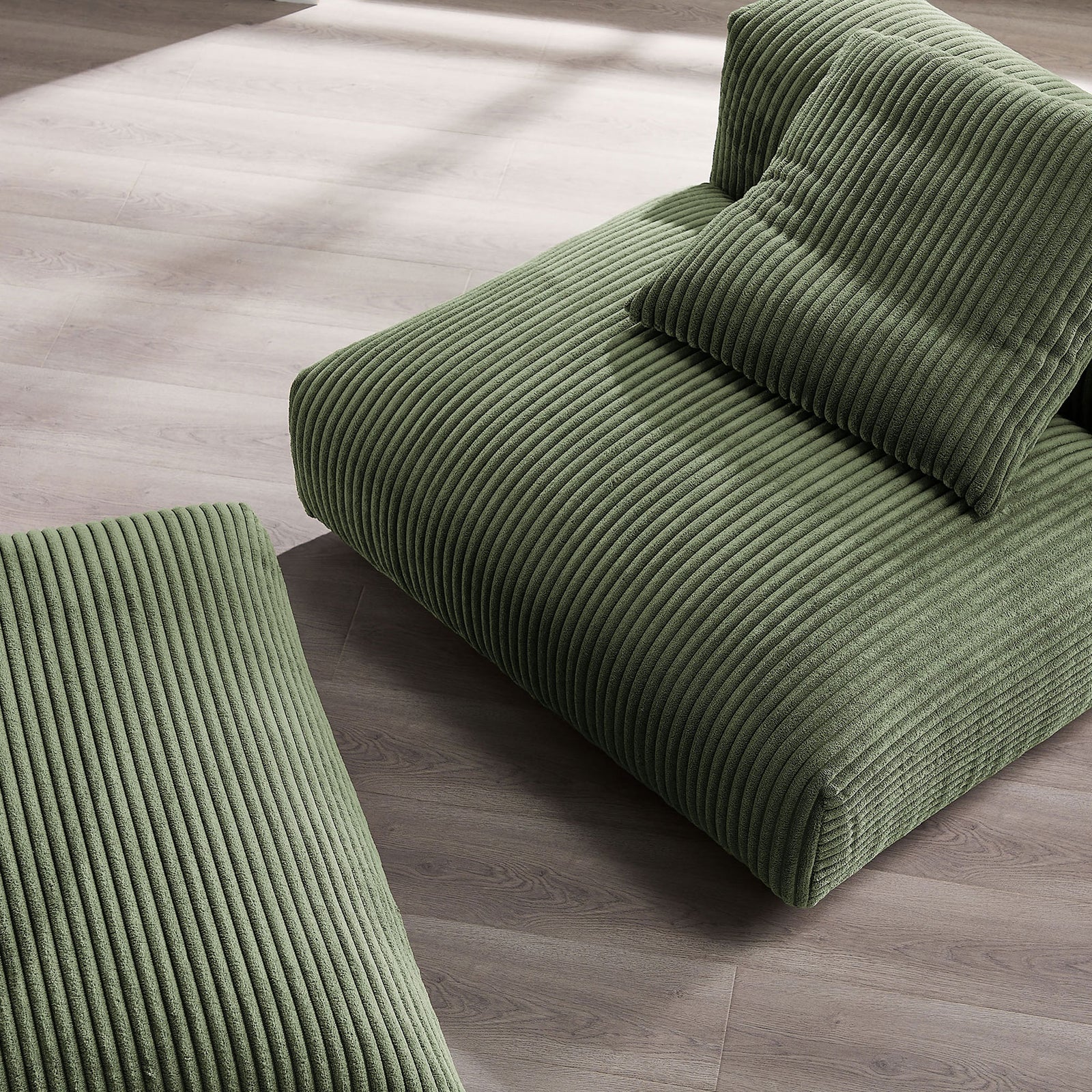 Soft ribbed corduroy texture in fern green with generous cushioning for cozy, laid-back lounging || EEI-7022-FRN || detail_room