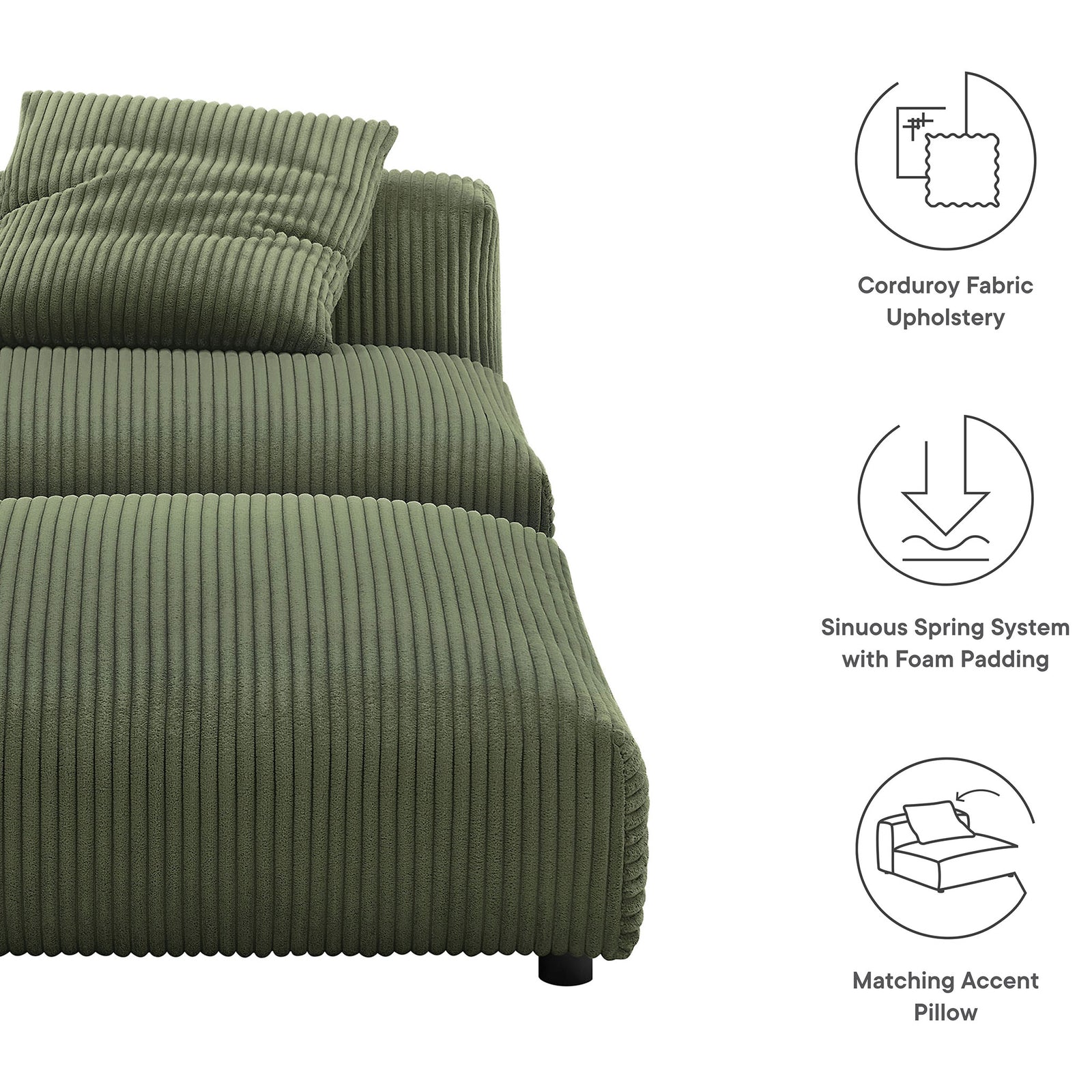 Corduroy upholstery, sinuous spring support, and a matching pillow emphasize comfort and durability || EEI-7022-FRN || callout_studio