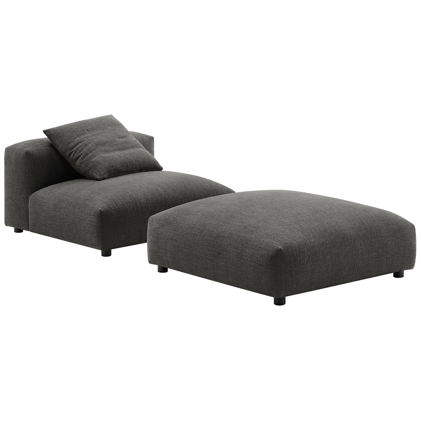 Ultra-plush modular armless chair and ottoman in charcoal woven fabric with matching pillow || EEI-7023-CHA || front_angle_studio