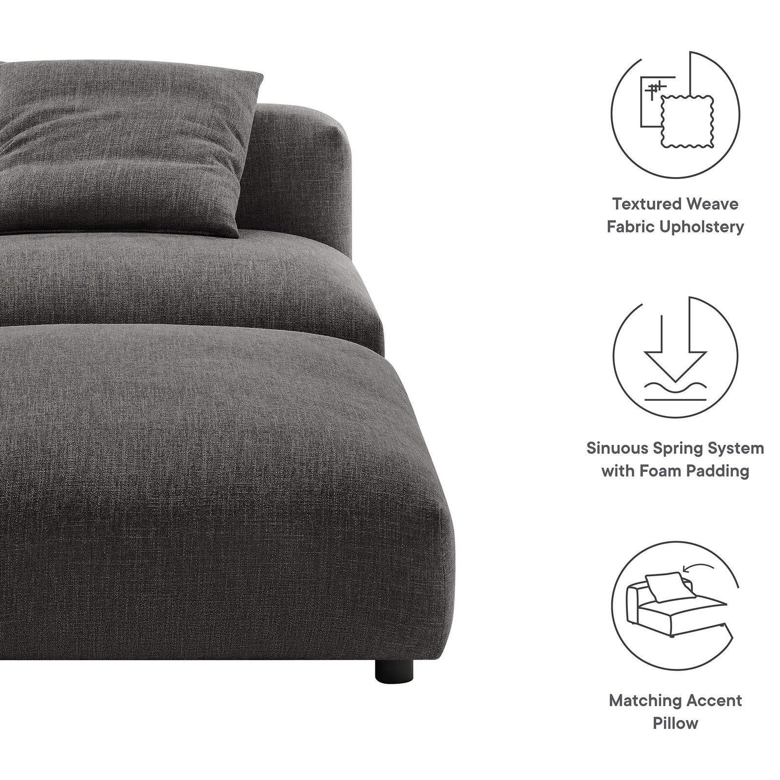 Features textured weave fabric, sinuous spring support, and a matching accent pillow || EEI-7023-CHA || callout_studio