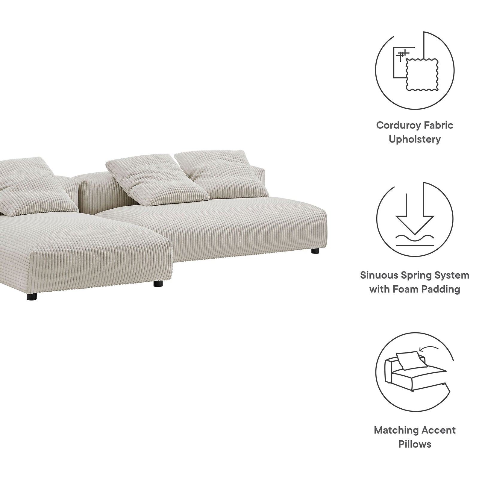 Almond corduroy sectional with chaise shown with icons highlighting fabric, support, and accent pillows || EEI-7024-ALM || callout_studio