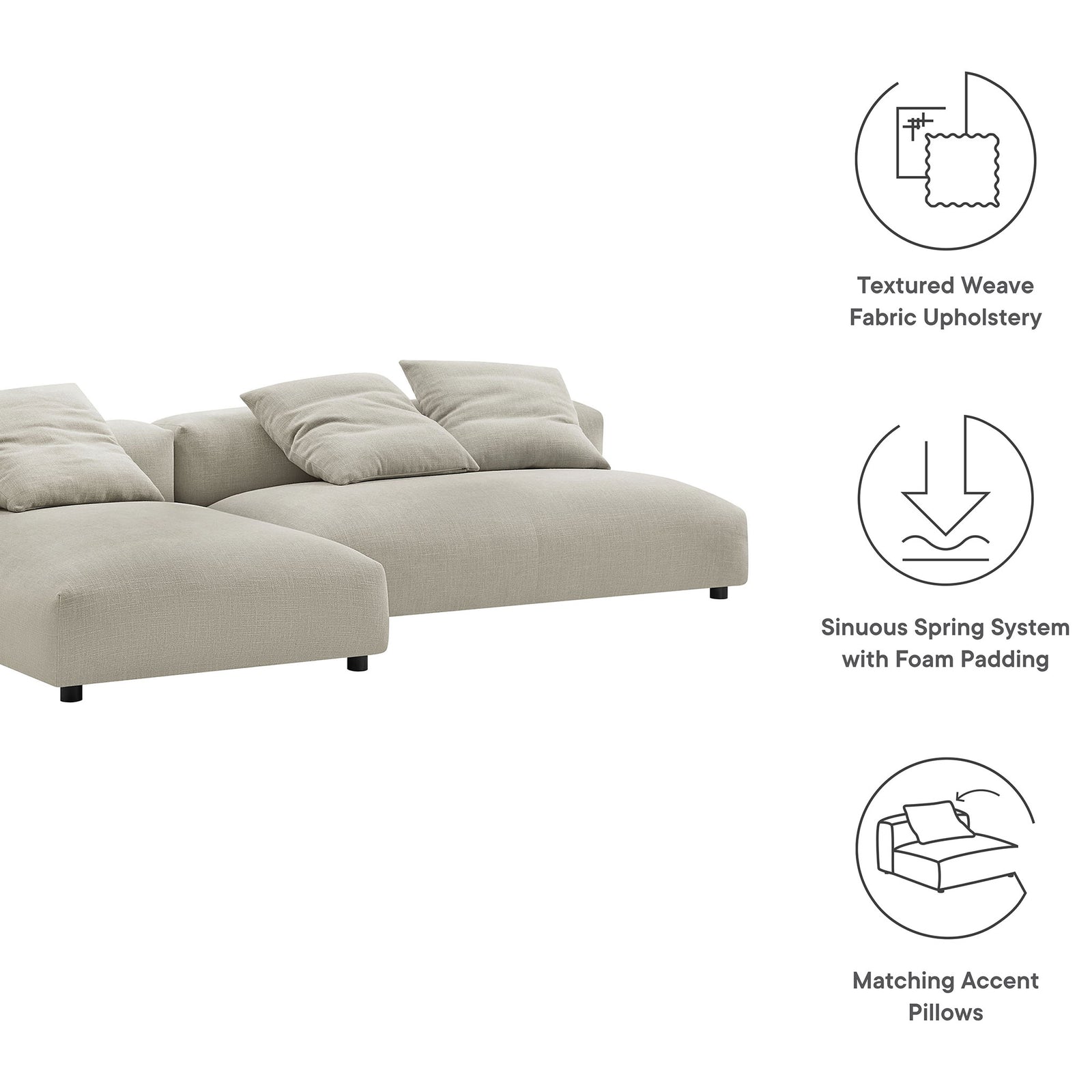 Feature graphic highlighting the linen modular sectional sofa with chaise, pillows, and spring support || EEI-7025-LIN || callout_studio