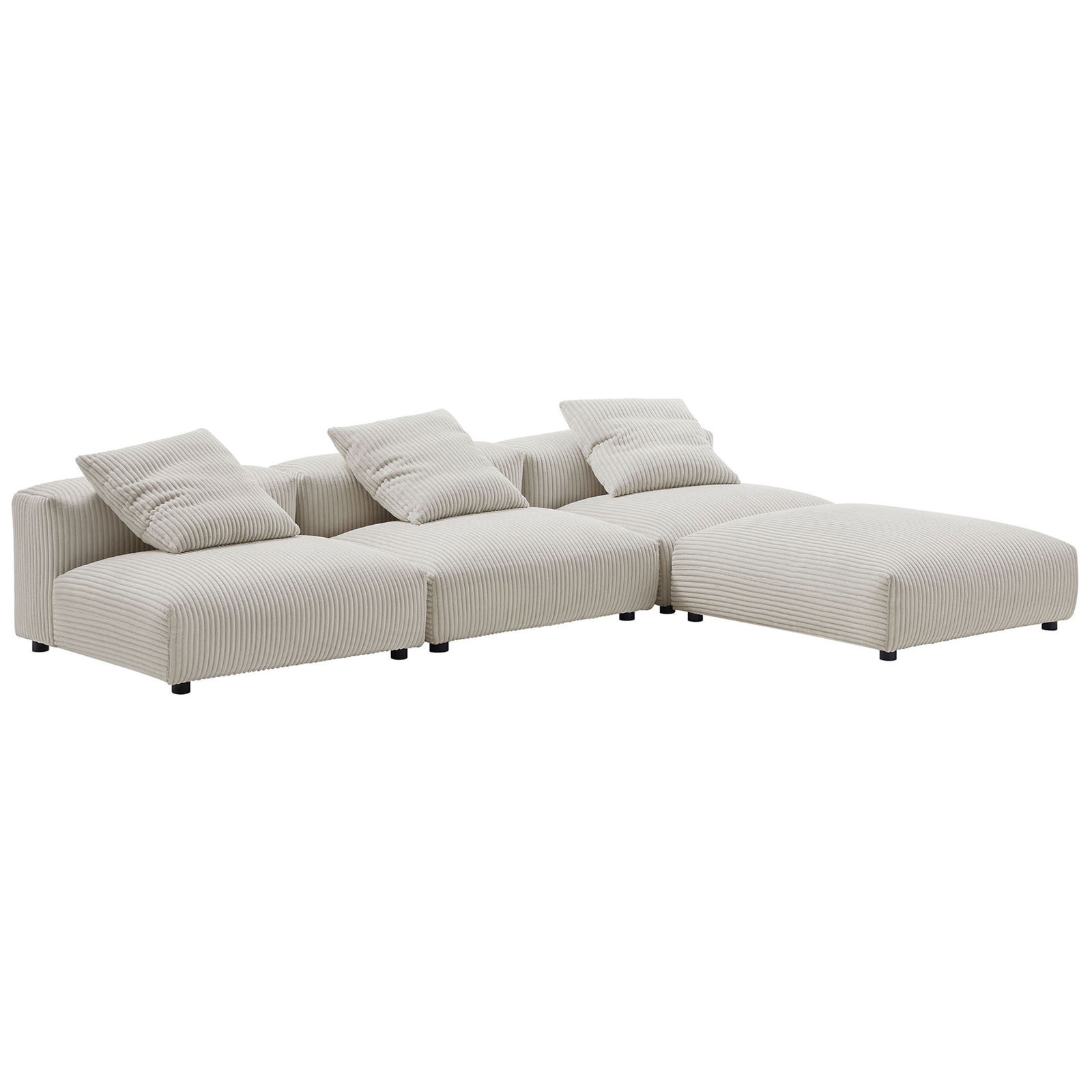 Solace almond corduroy modular sectional forming a spacious L shaped lounge with low profile design || EEI-7026-ALM || front_angle_studio