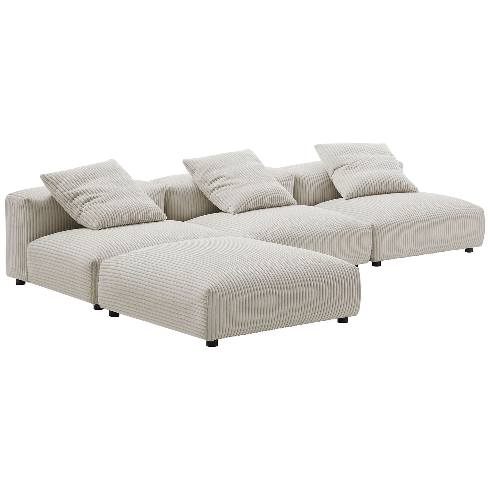 Solace almond corduroy modular sectional arranged as a deep double chaise layout for relaxed seating || EEI-7026-ALM || front_angle_studio