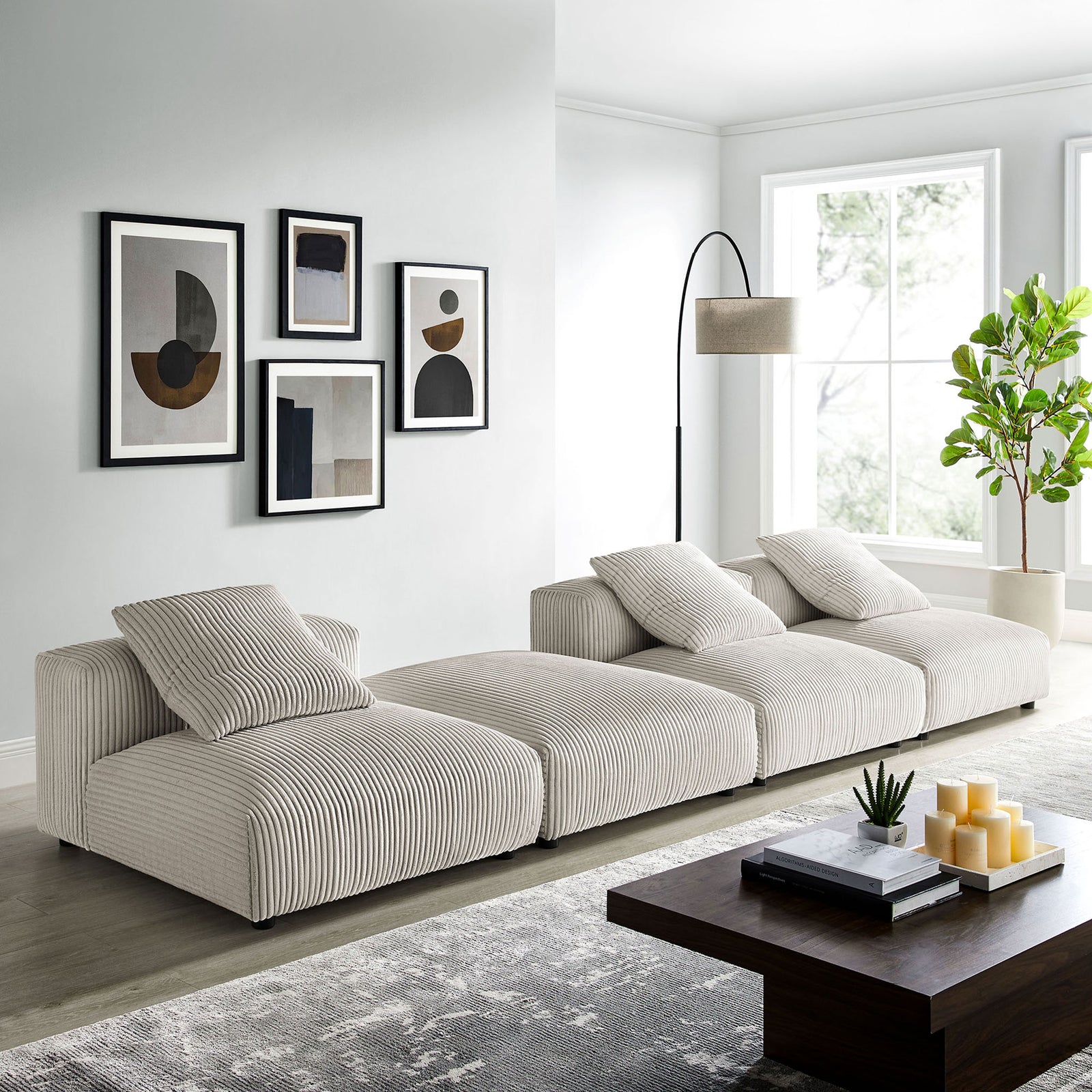 Solace almond corduroy sectional styled in a bright living room with modern decor and large windows || EEI-7026-ALM || front_angle_room