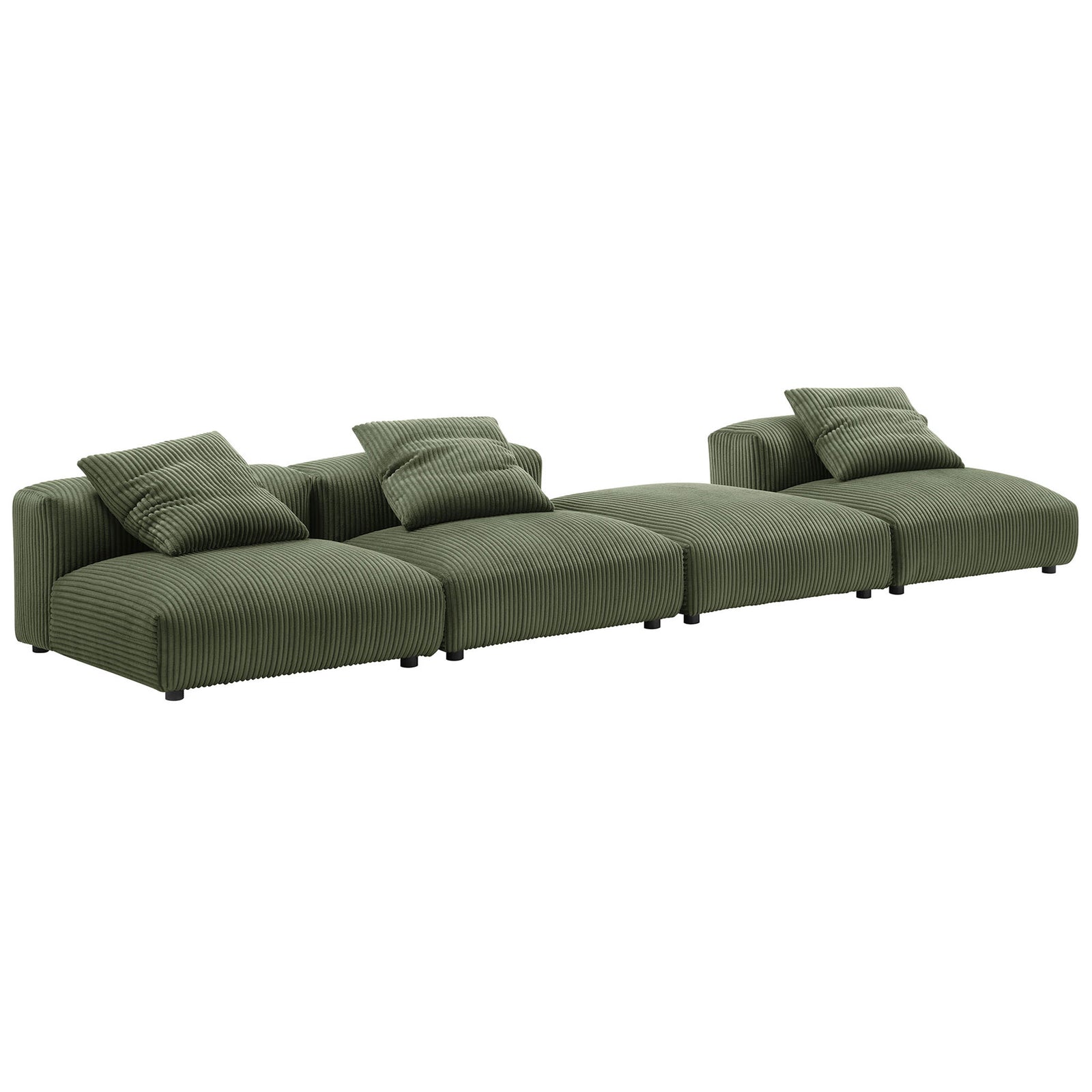 Low-profile fern corduroy sectional with three seats, ottoman, and plush accent pillows || EEI-7026-FRN || front_angle_studio