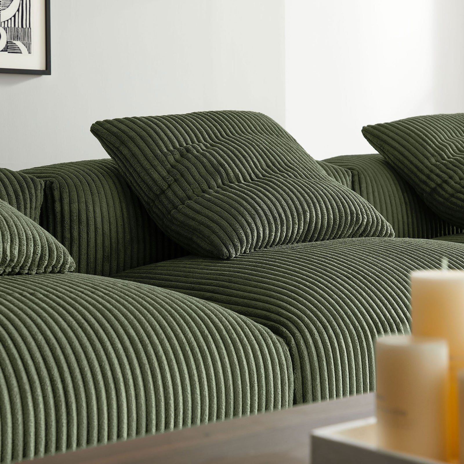 Ribbed fern corduroy upholstery with generously cushioned accent pillows || EEI-7026-FRN || detail_room