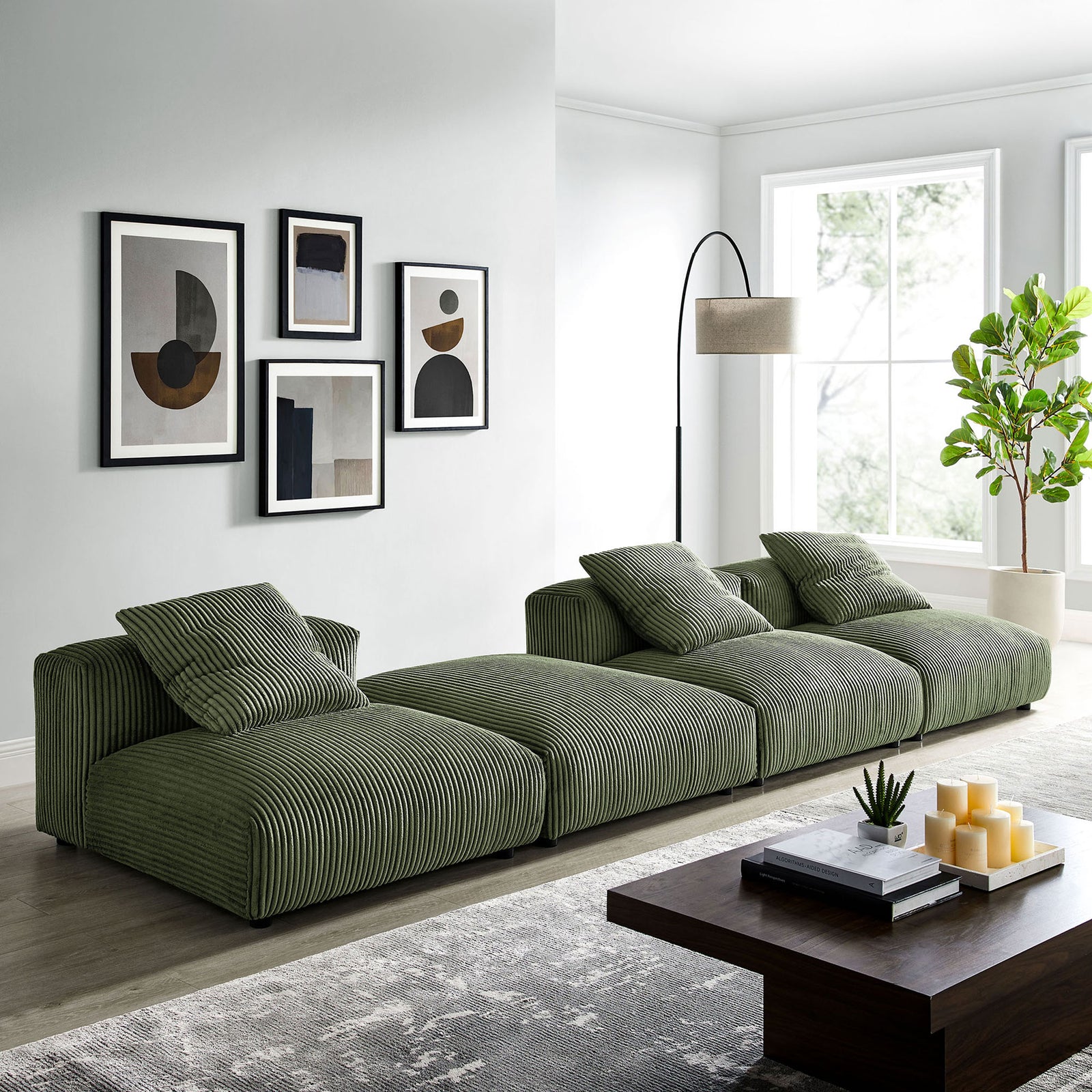 Fern corduroy modular sectional styled in a bright modern living room || EEI-7026-FRN || front_angle_room