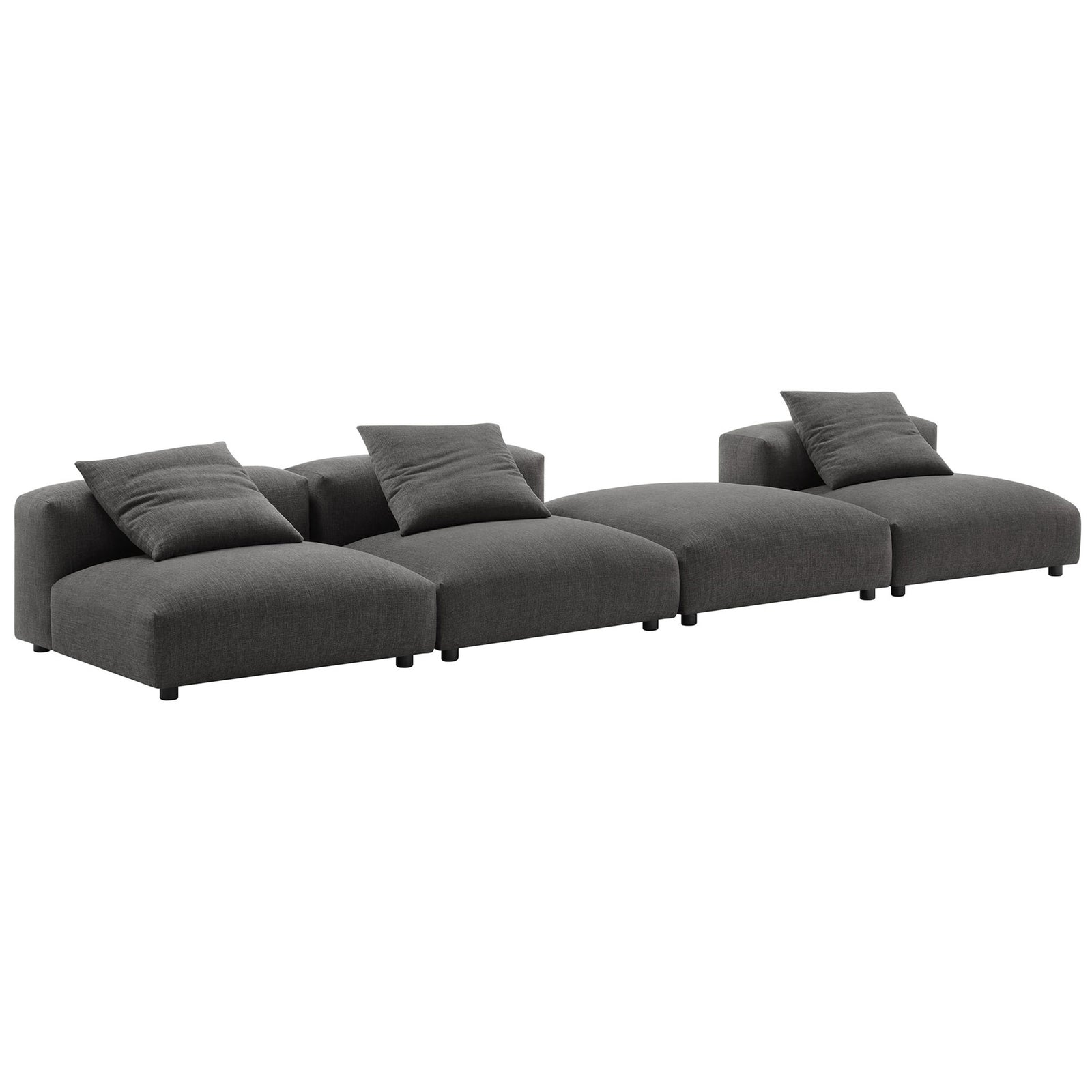 Charcoal modular sectional with three deep armless seats and ottoman in a sleek linear layout || EEI-7027-CHA || front_angle_studio