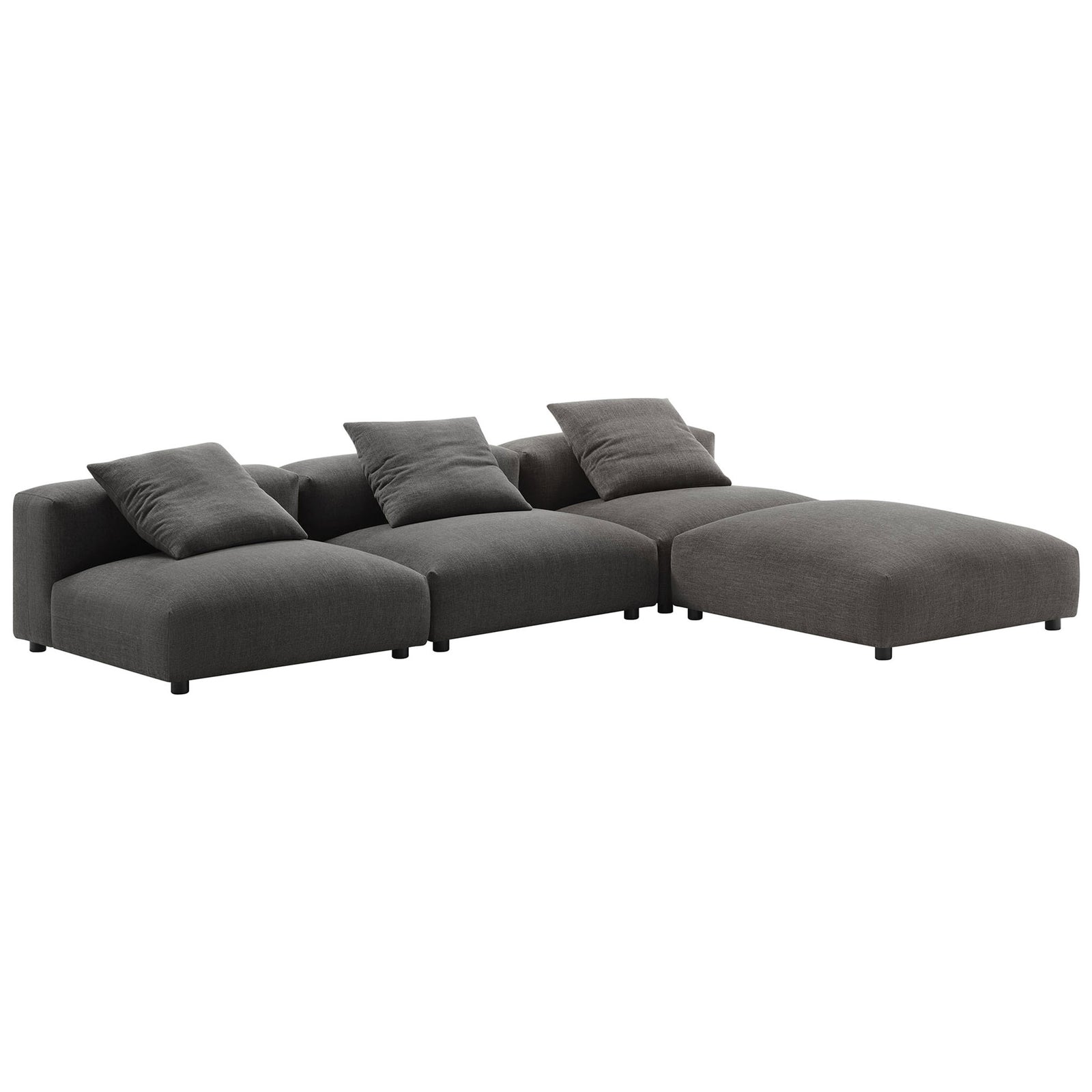 Charcoal Solace modular sectional forming an inviting L-shaped lounge with oversized accent pillows || EEI-7027-CHA || front_angle_studio