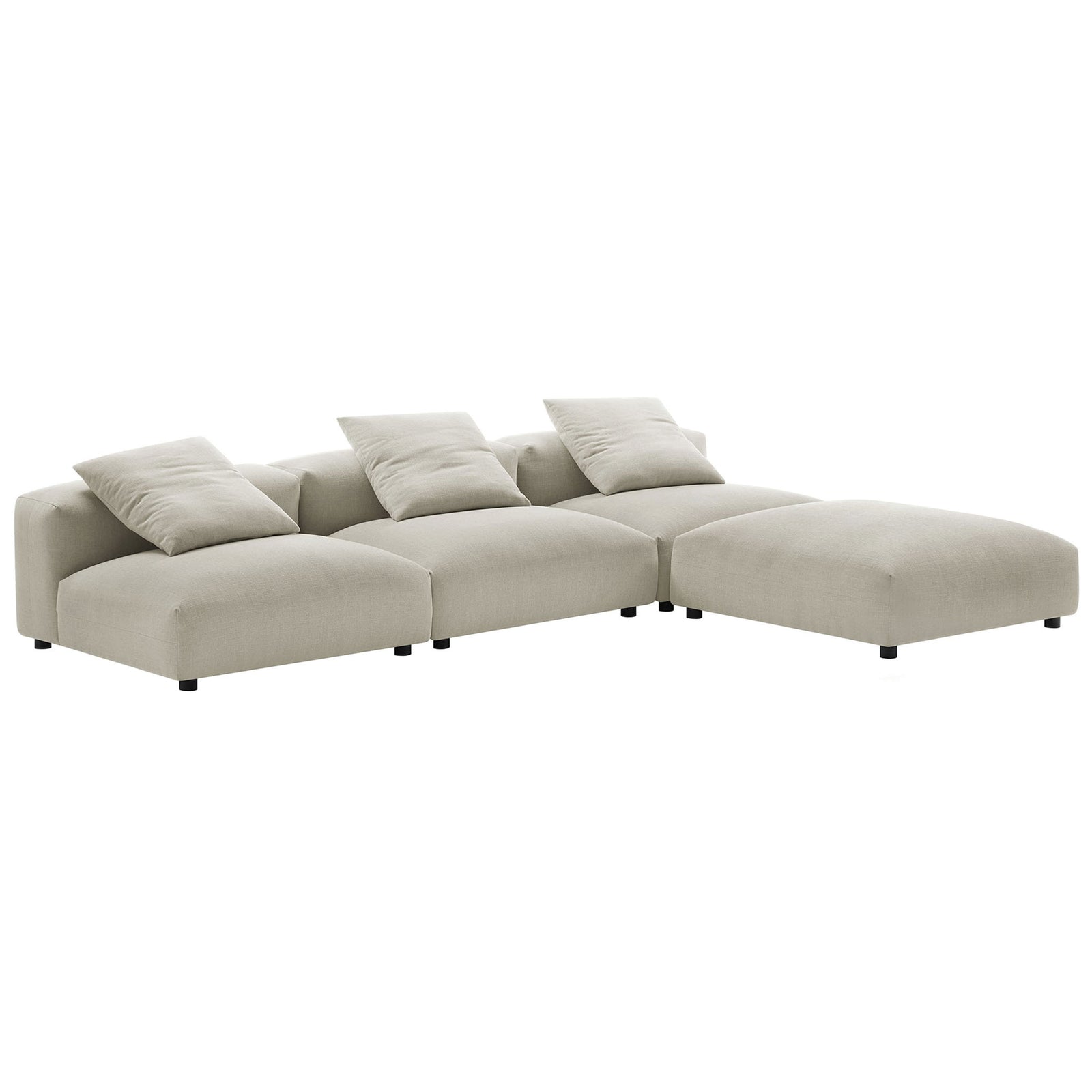 Flexible linen modular sectional arranged in an L shape with deep seats and matching accent pillows || EEI-7027-LIN || front_angle_studio