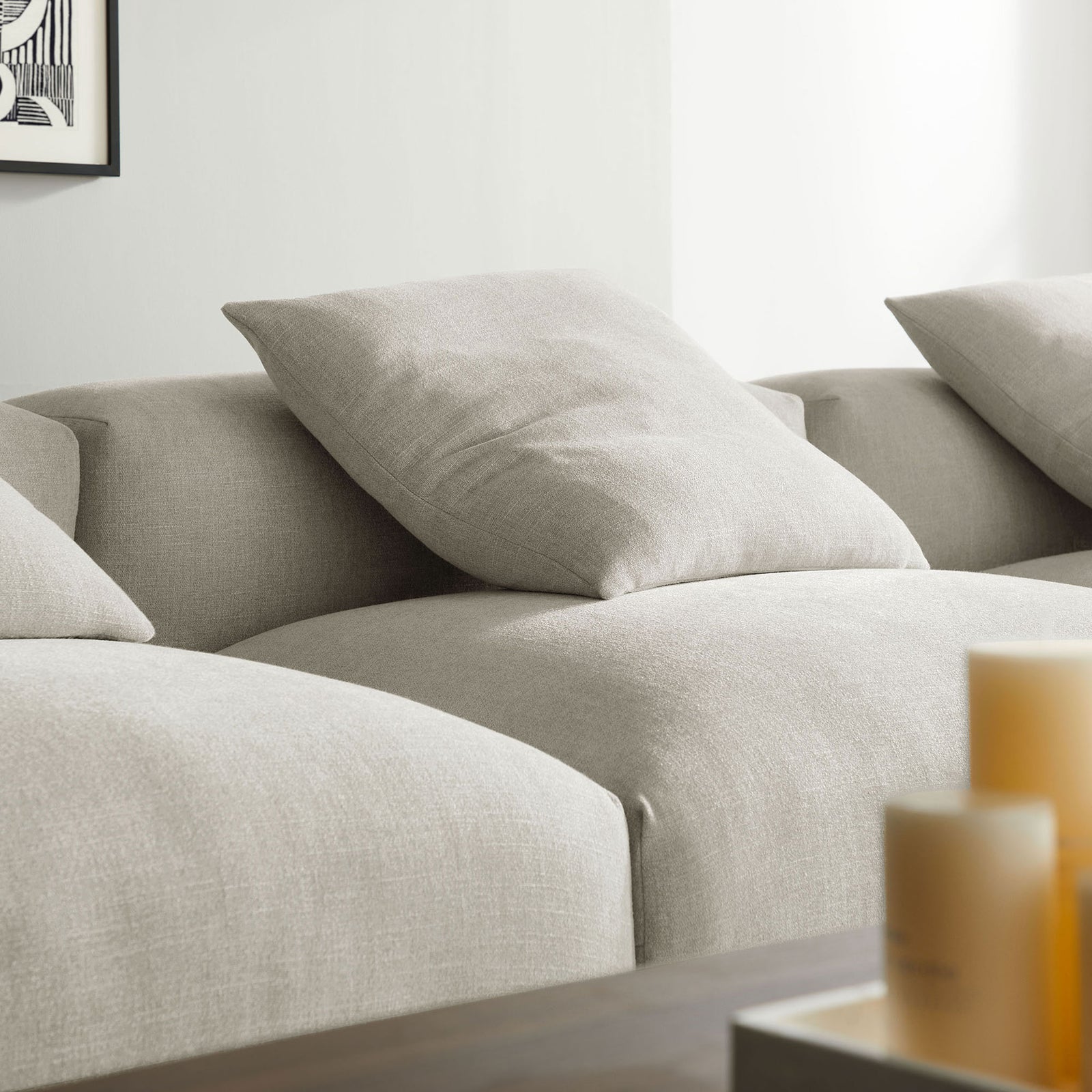 Linen upholstery close-up showing the textured weave, generous cushioning, and casually sloped backrest || EEI-7027-LIN || detail_room