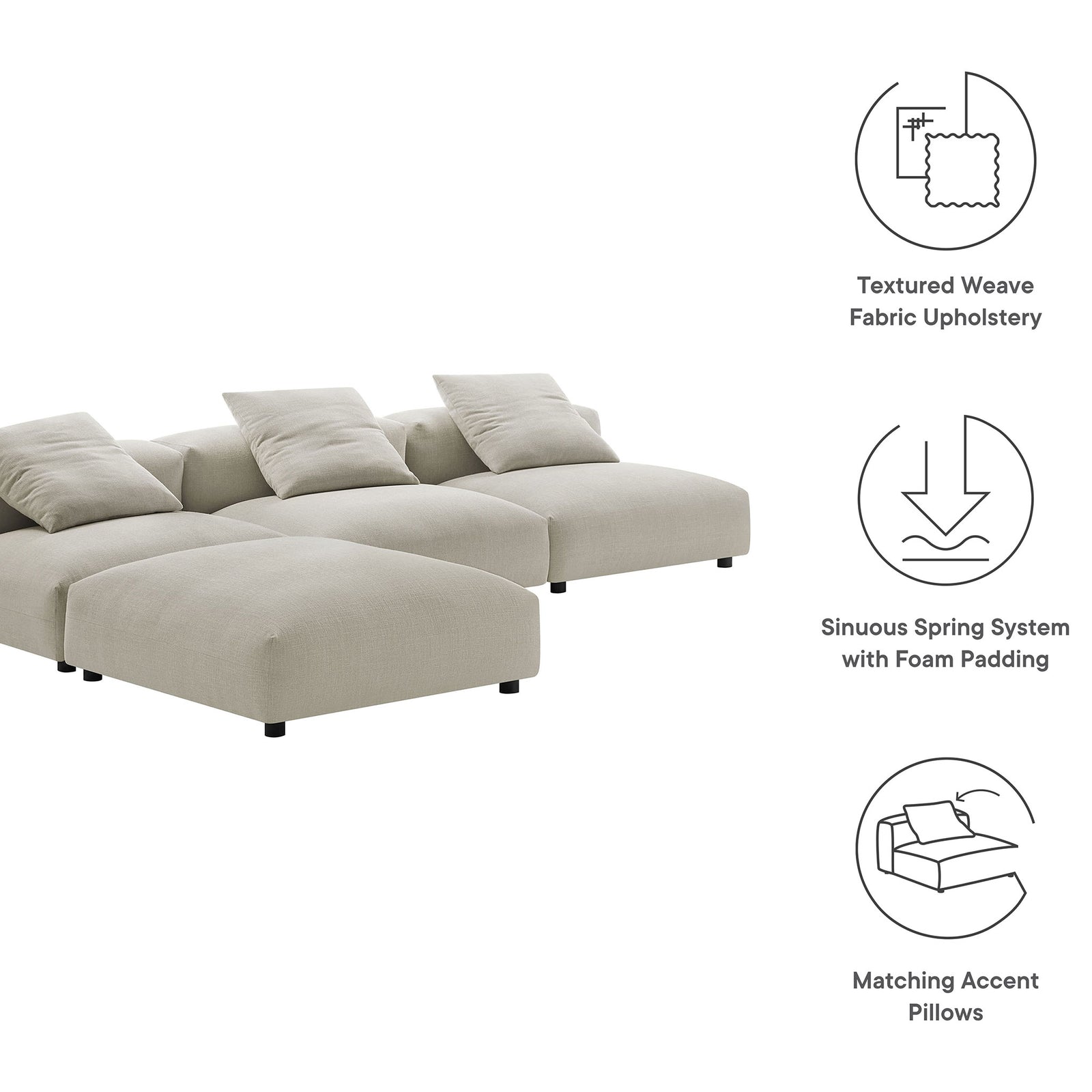 Feature callouts highlighting the linen modular sectional sofa, textured upholstery, and supportive spring seating || EEI-7027-LIN || callout_studio