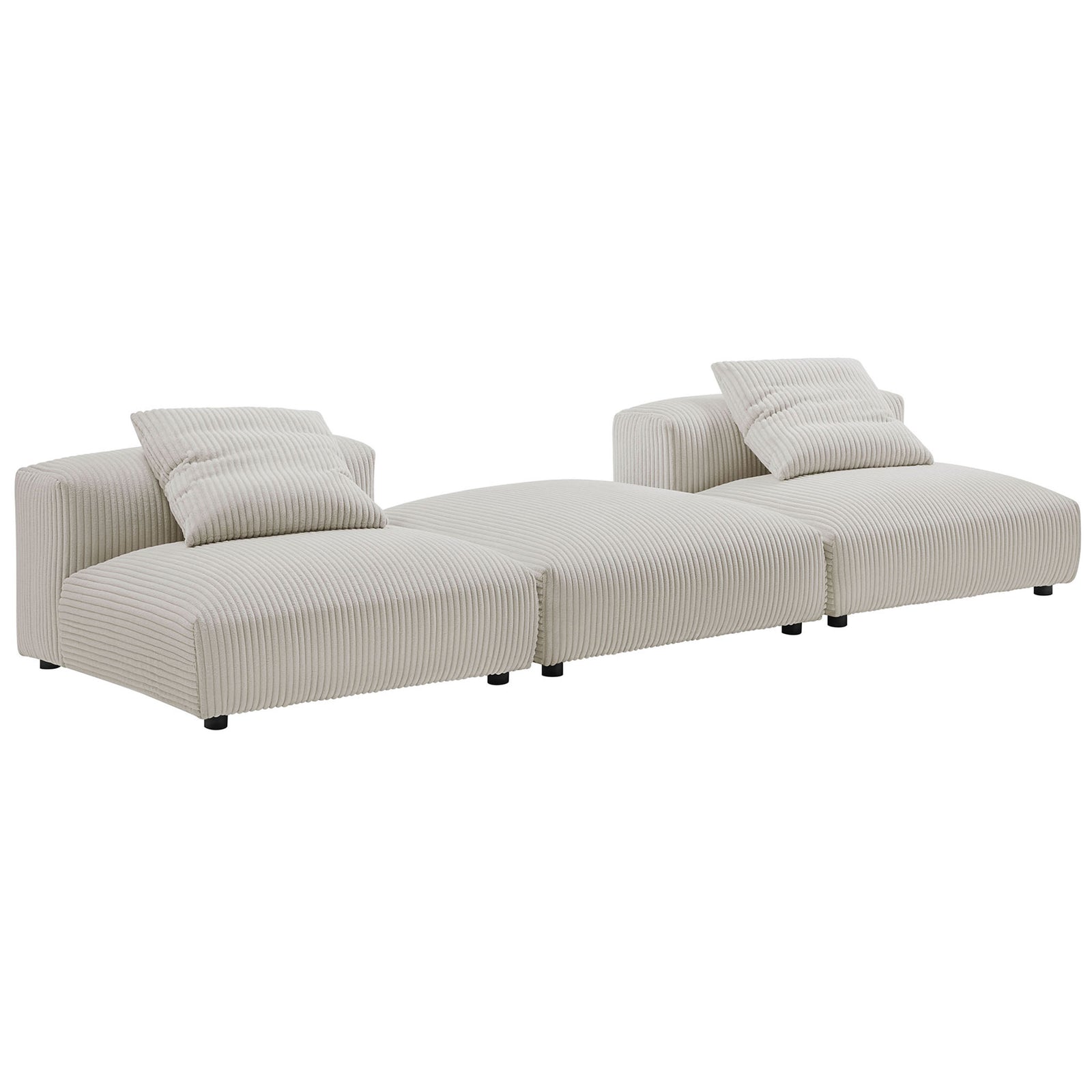 Almond corduroy modular sectional with low-profile seats and coordinating accent pillows || EEI-7028-ALM || front_angle_studio
