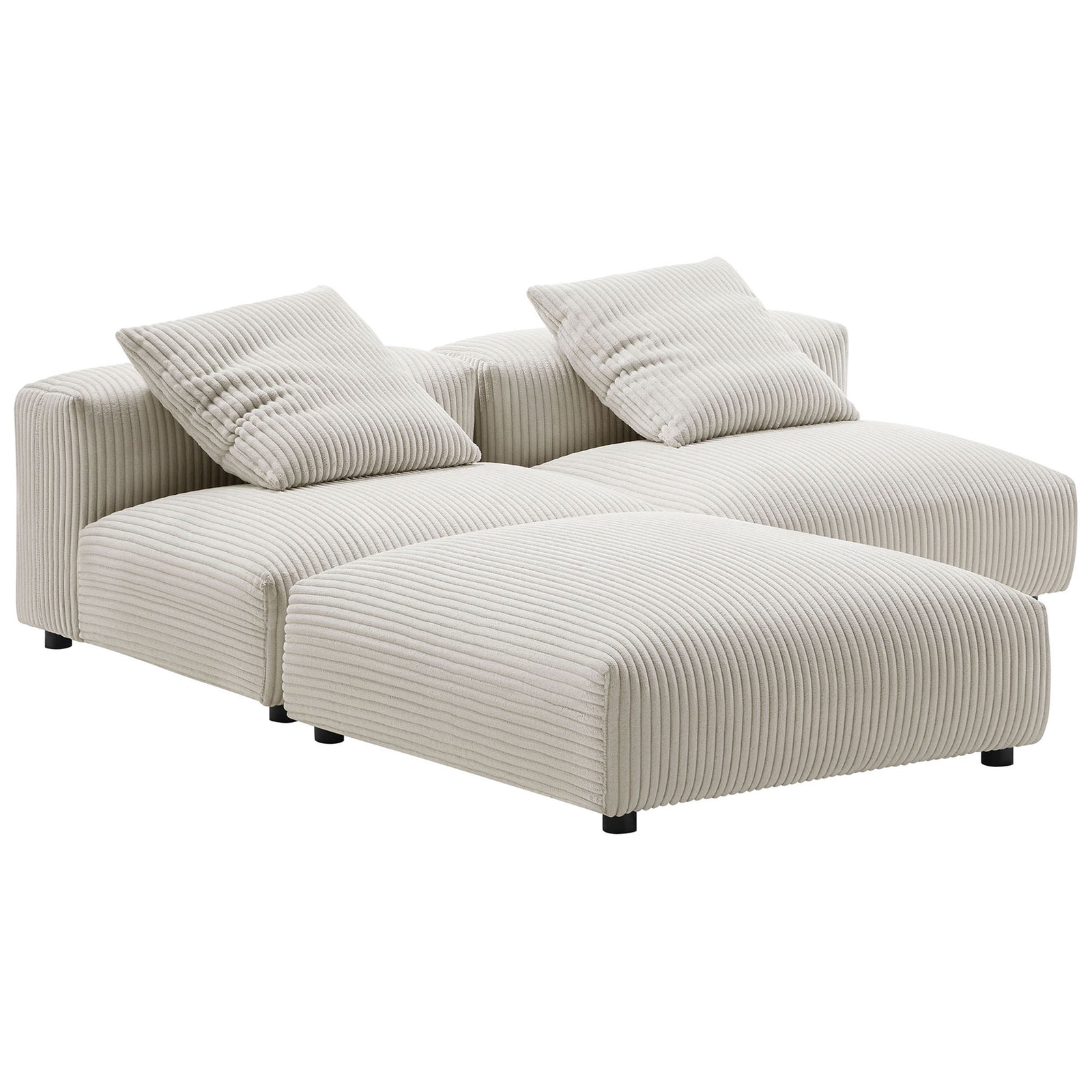 Compact corner configuration of the Solace modular sectional with deep seats for lounging || EEI-7028-ALM || front_angle_studio