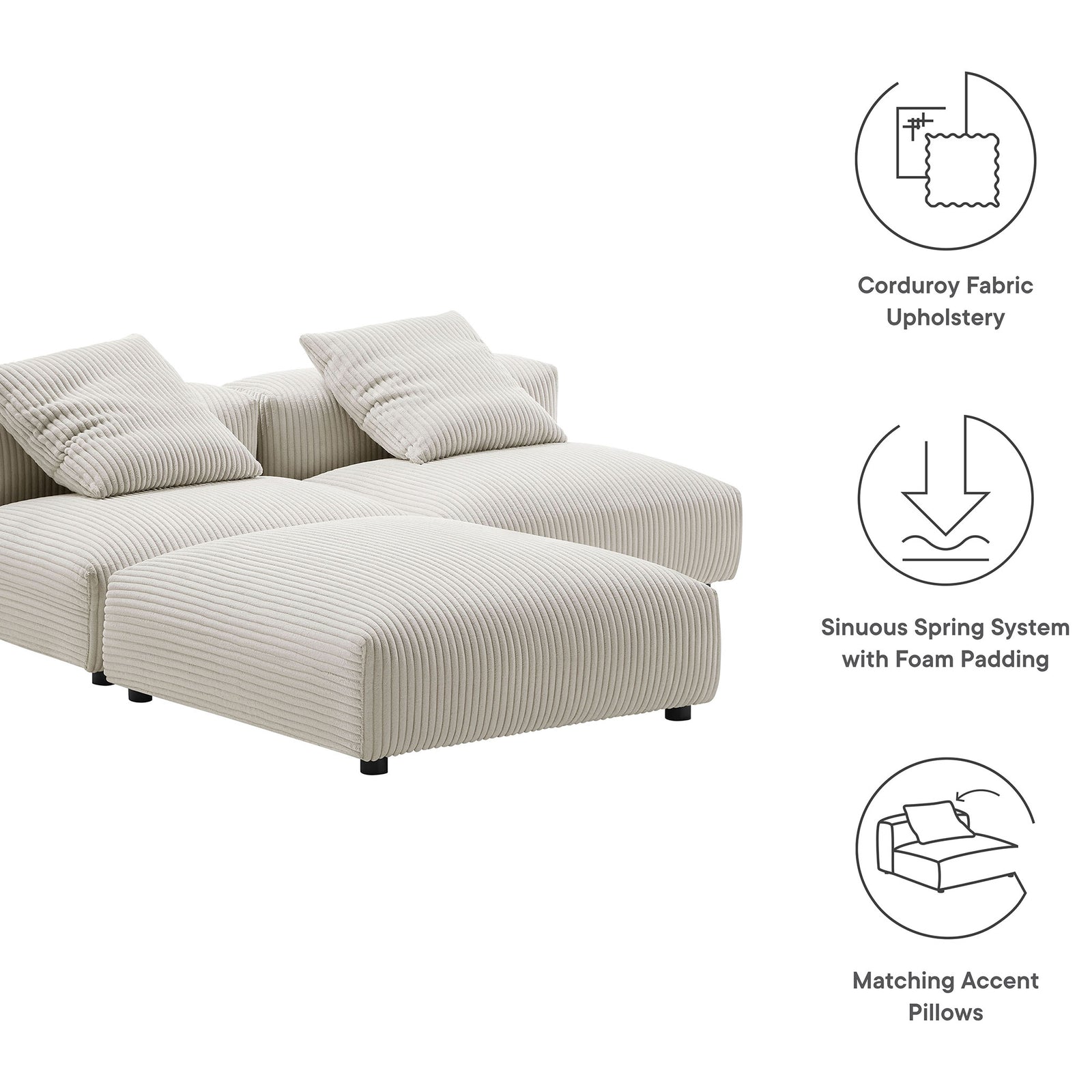 Feature callouts highlight corduroy upholstery, spring support, and matching pillows on the Solace sectional || EEI-7028-ALM || callout_studio