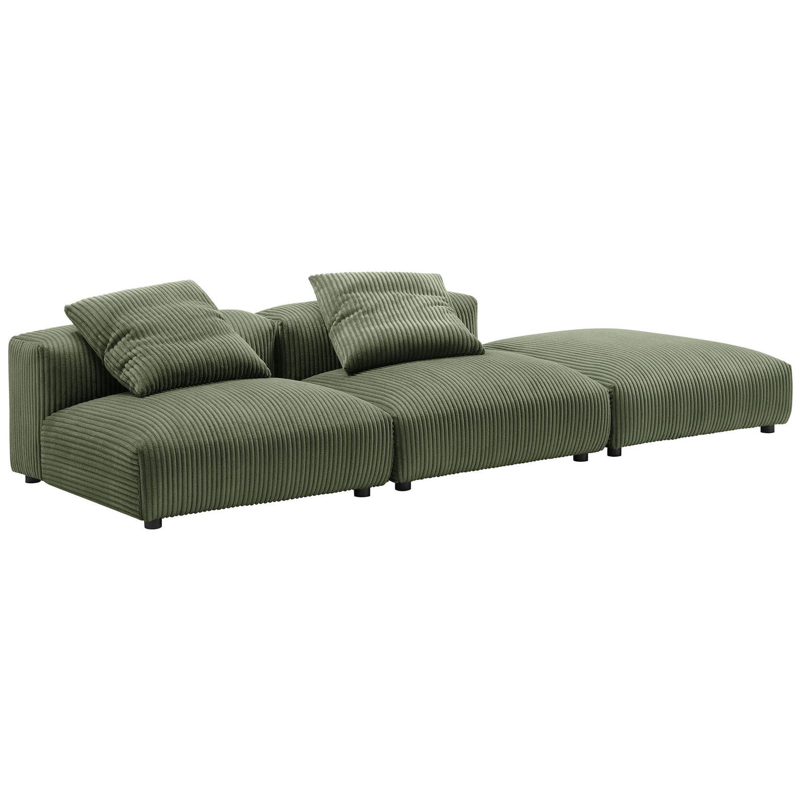 Fern corduroy modular sectional with three roomy seats and plush pillows for casual modern lounging. || EEI-7028-FRN || front_angle_studio