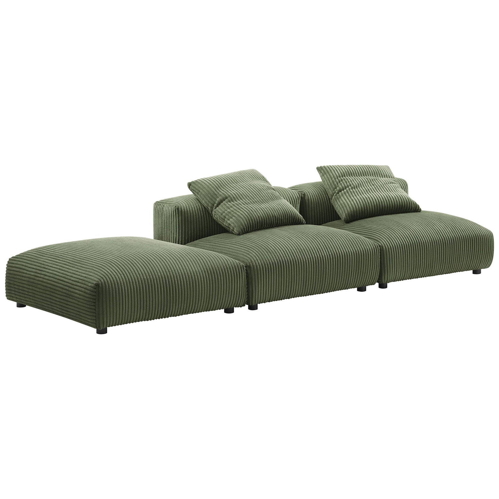 Fern corduroy sectional showcasing wide channel texture and deep cushioned seats across all three pieces. || EEI-7028-FRN || front_angle_studio