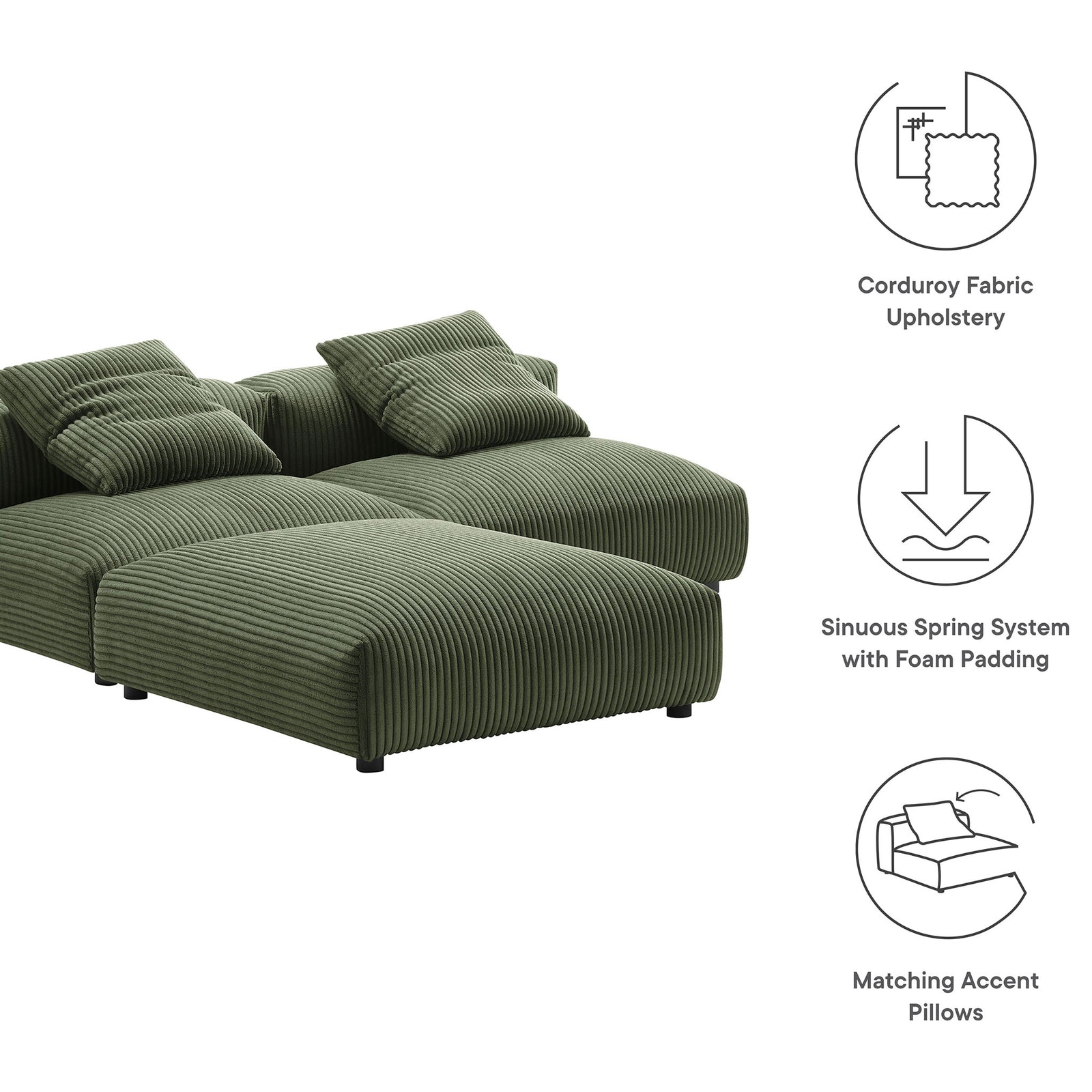 Fern corduroy modular sectional with icons highlighting soft upholstery, spring support, and matching accent pillows. || EEI-7028-FRN || callout_studio