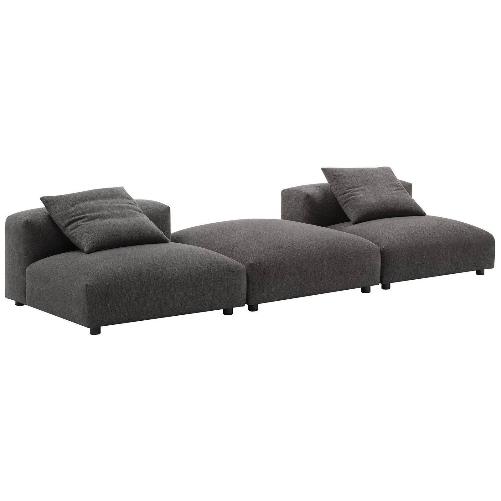 Charcoal modular sectional with three deep seats and plush pillows creating a sleek low profile || EEI-7029-CHA || front_angle_studio