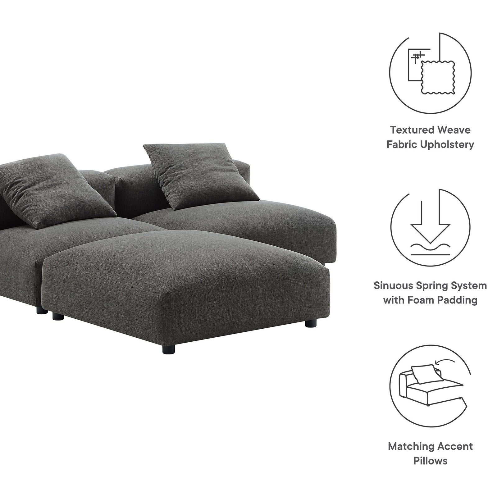 Charcoal modular sectional with textured weave upholstery, spring support, and matching pillows || EEI-7029-CHA || callout_studio