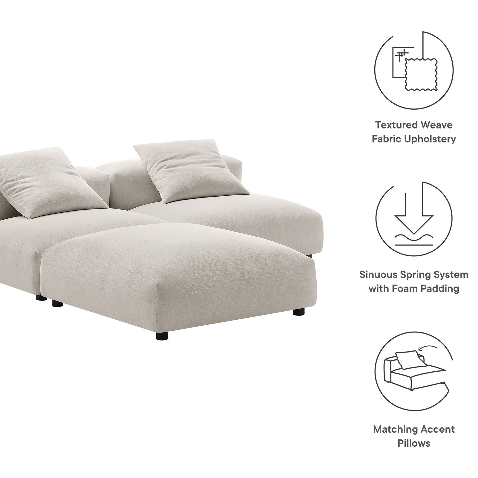 Feature graphic showing the salt modular sectional with icons for textured fabric, spring support, and pillows || EEI-7029-SAL || callout_studio