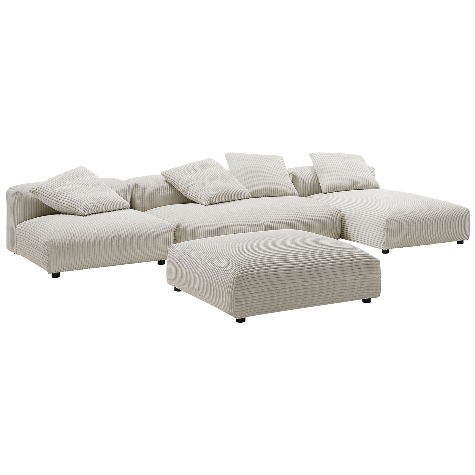 Low-profile almond corduroy sectional with ottoman and plush modular cushions for relaxed lounging || EEI-7032-ALM || front_angle_studio