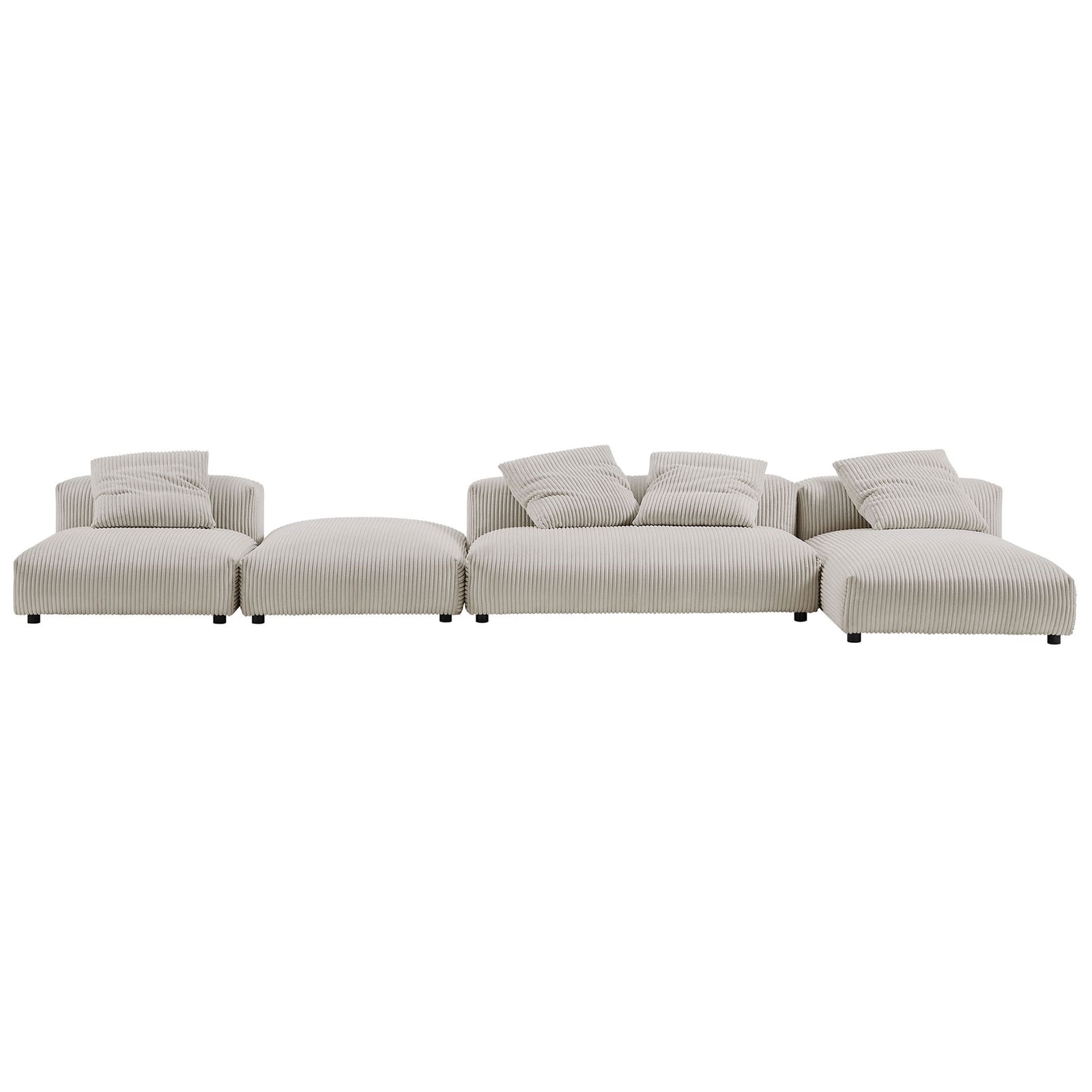 Almond corduroy modular sectional arranged in an extended layout with ottoman for flexible seating || EEI-7032-ALM || front_studio