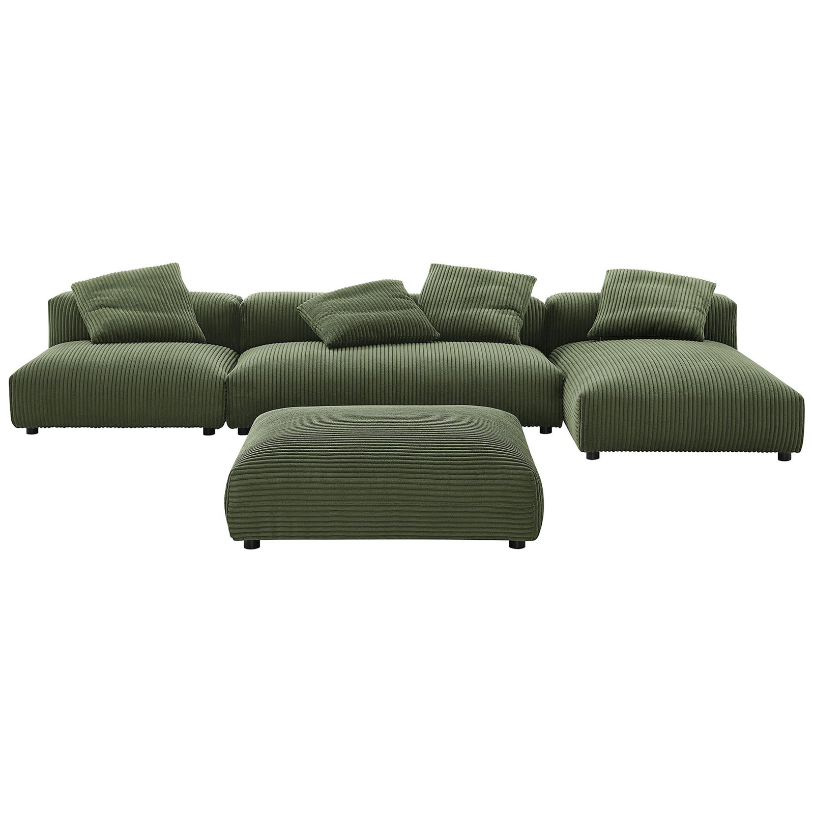 Low-profile green corduroy sectional sofa with ottoman and plush back cushions || EEI-7032-FRN || front_studio