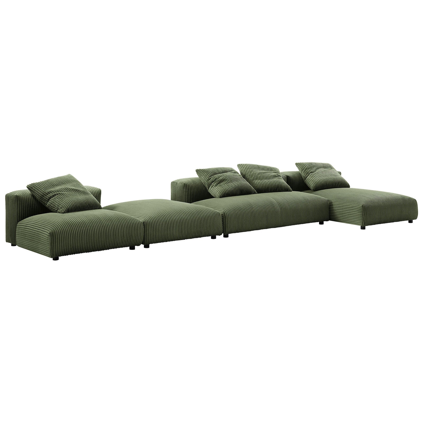 Solace sectional configured as an extra-long lounge in ribbed fern corduroy upholstery || EEI-7032-FRN || front_angle_studio