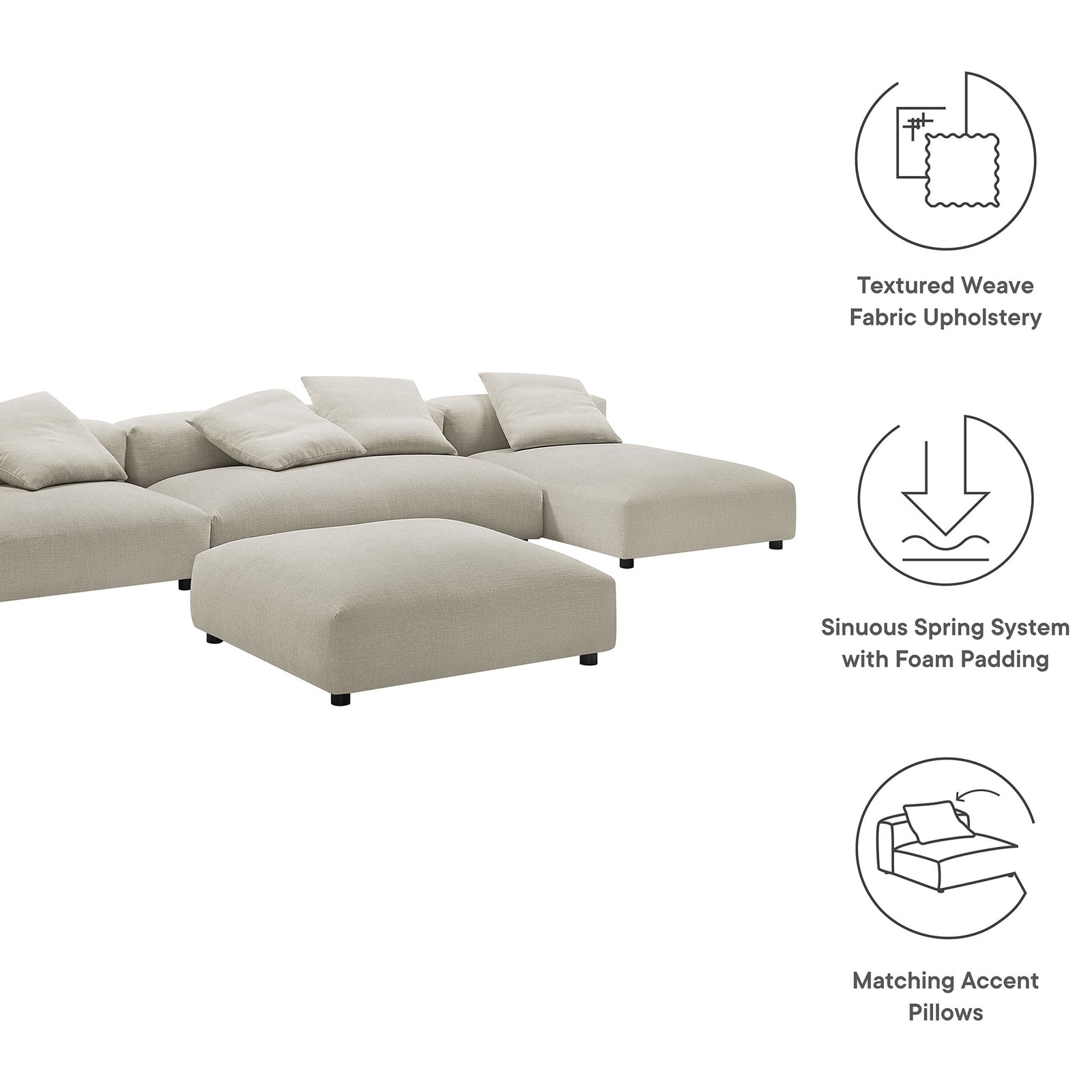 Linen modular sectional sofa with icons highlighting textured upholstery and spring support features || EEI-7033-LIN || callout_studio
