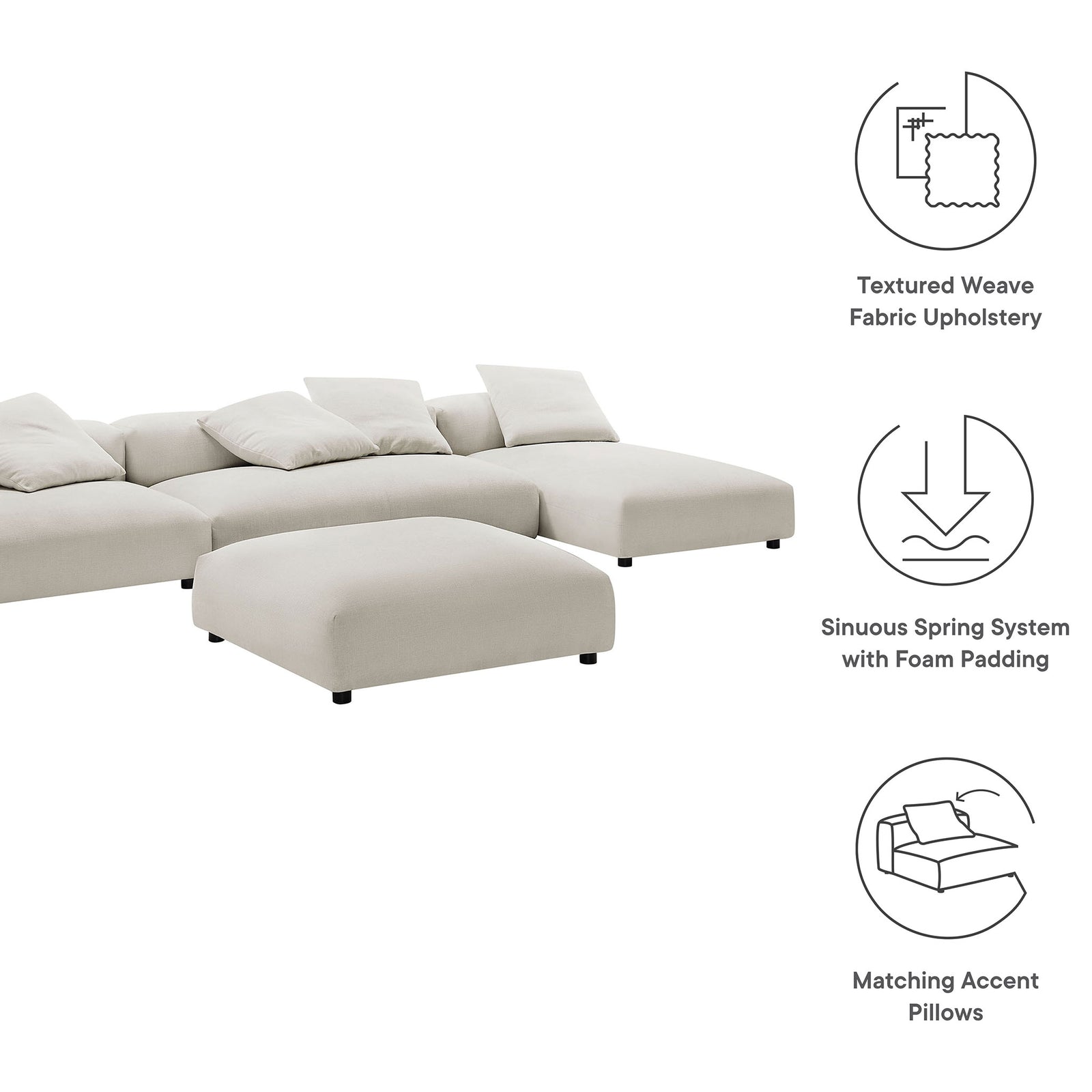 Solace modular sectional details highlighting textured weave upholstery, sinuous spring support, and matching pillows || EEI-7033-SAL || callout_studio