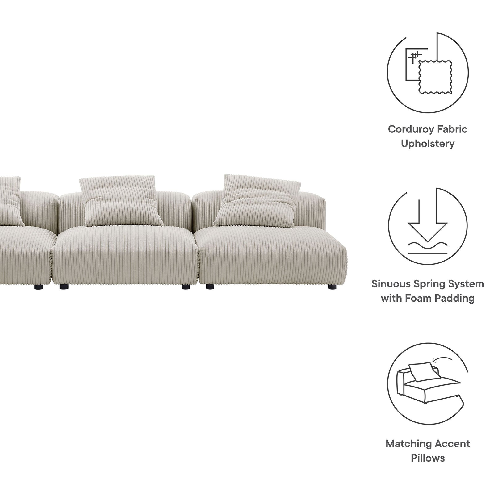 Almond corduroy modular sofa with sinuous spring support, dense foam cushions, and matching accent pillows || EEI-7034-ALM || callout_studio