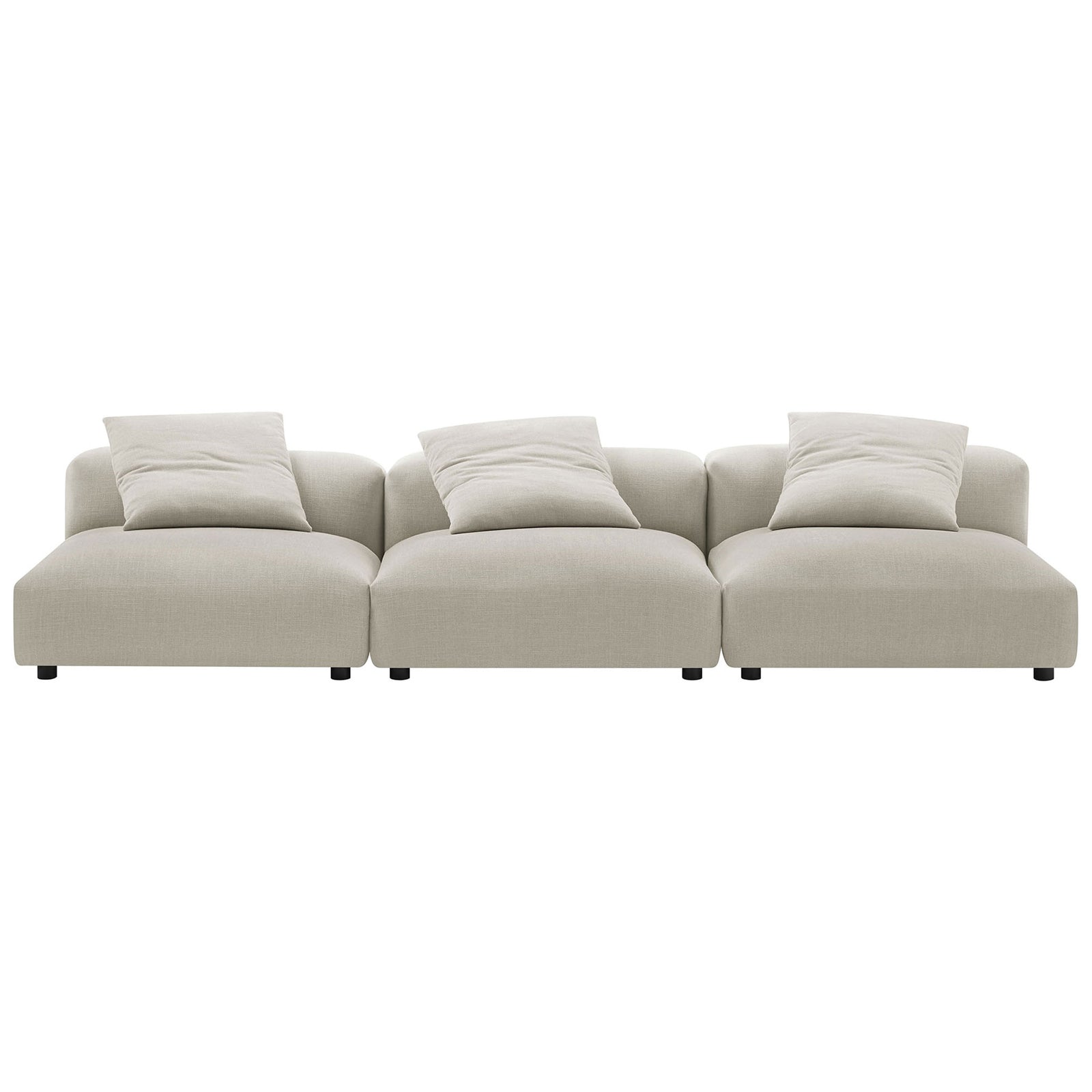 Front view of three-piece modular linen sofa with deep seats and matching pillows || EEI-7035-LIN || front_studio