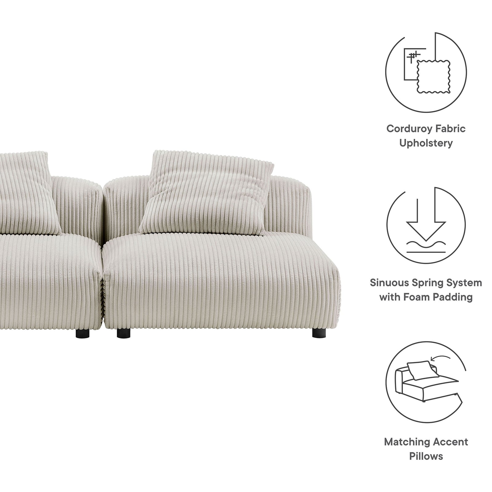 Almond corduroy modular sofa highlighting soft fabric, spring support, and matching accent pillows || EEI-7036-ALM || callout_studio