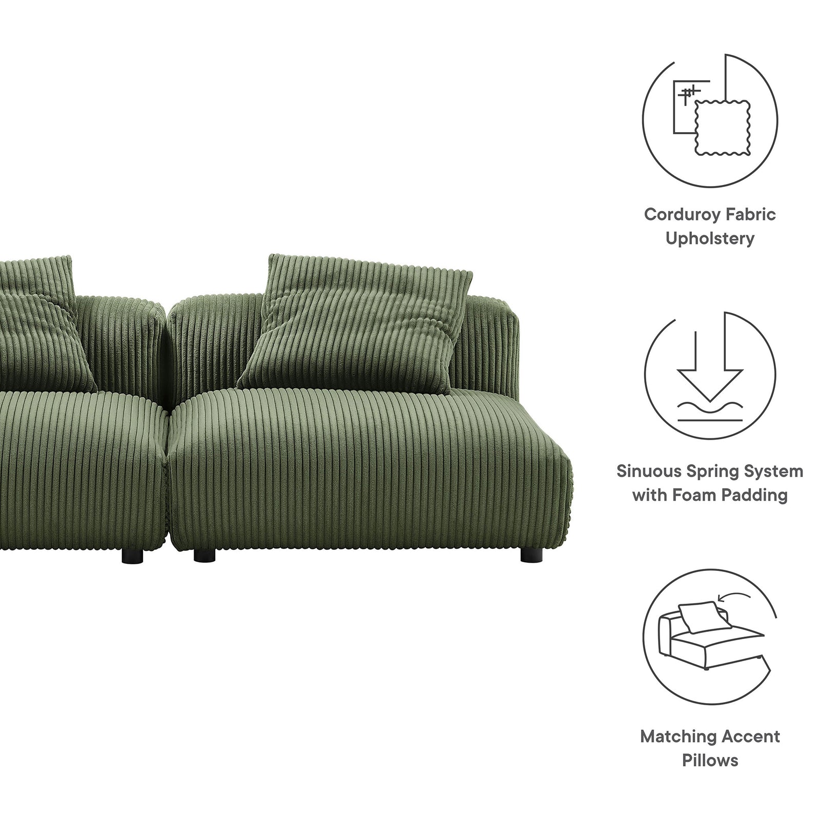 Feature graphic highlighting corduroy upholstery, spring support, and matching pillows on the modular sofa || EEI-7036-FRN || callout_studio
