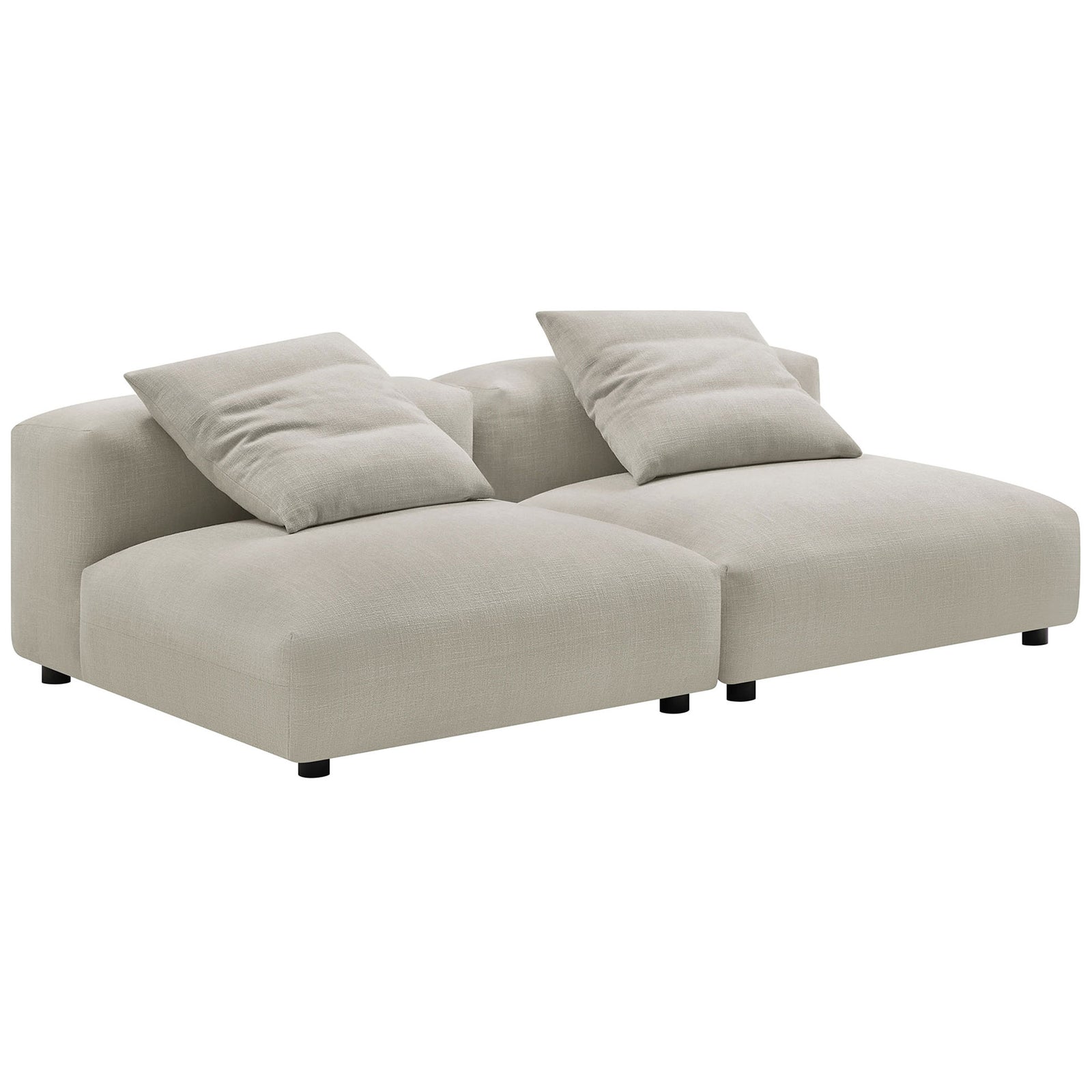 Linen modular 2-seat sofa with plush low-profile cushions and square accent pillows for relaxed lounging || EEI-7037-LIN || front_angle_studio