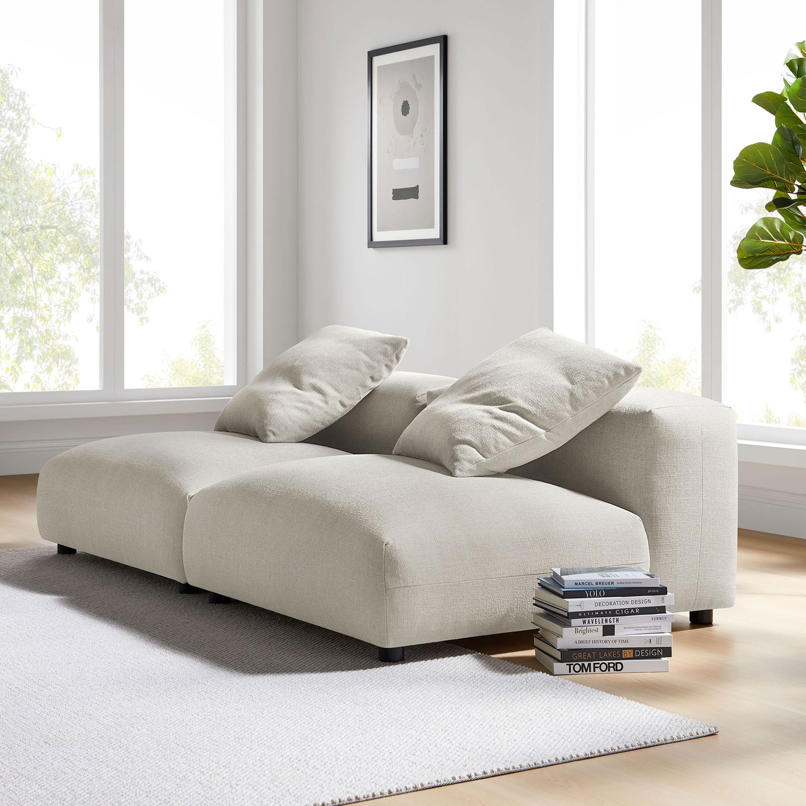 Linen modular sofa styled in a bright living room with oversized cushions for laid-back, contemporary lounging || EEI-7037-LIN || front_angle_room