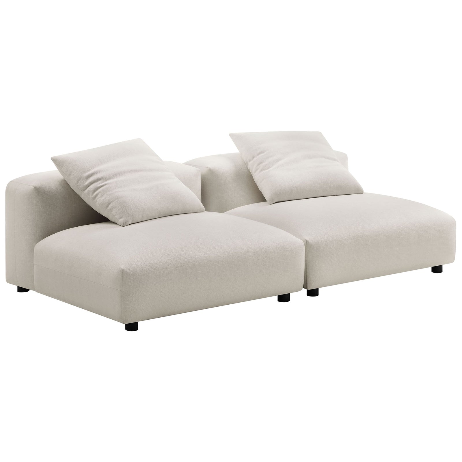 Low-profile Solace salt fabric modular sofa with two wide armless seats and overstuffed pillows || EEI-7037-SAL || front_angle_multi_studio