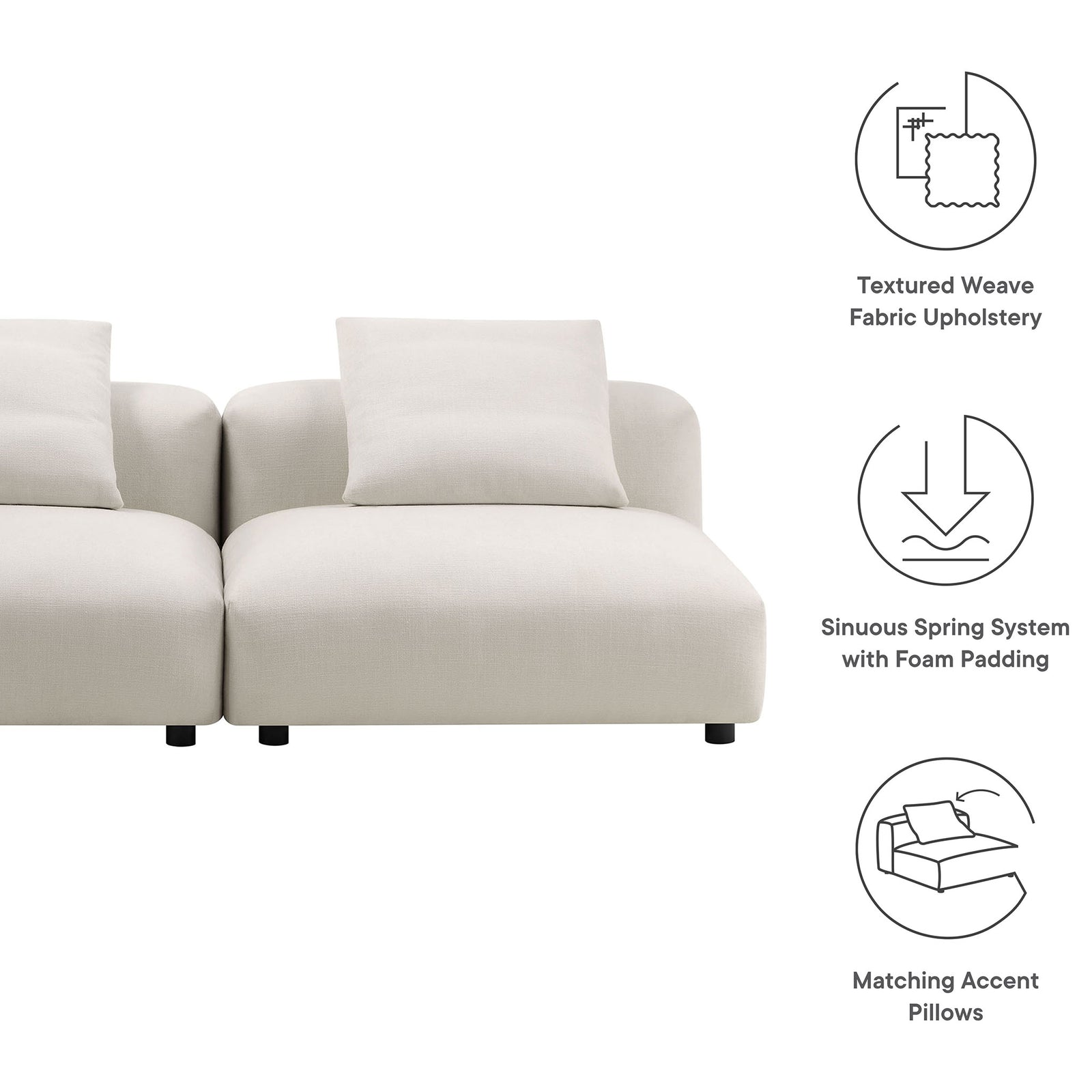 Solace modular sofa highlighting textured weave upholstery, sinuous spring support, and matching accent pillows || EEI-7037-SAL || callout_studio