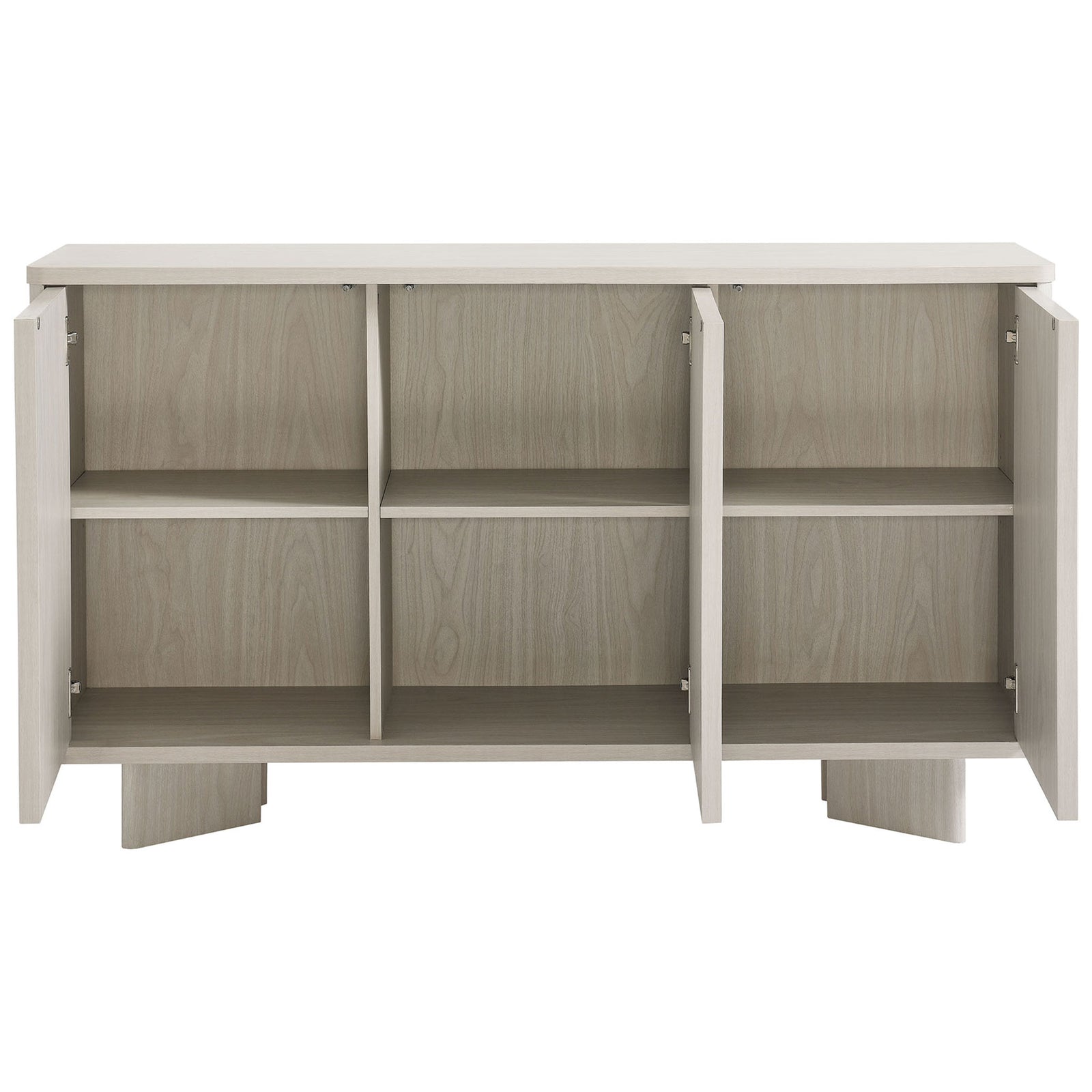 Flux sideboard with all three cabinet doors open revealing adjustable interior shelves || EEI-7039-WWA || front_open_studio