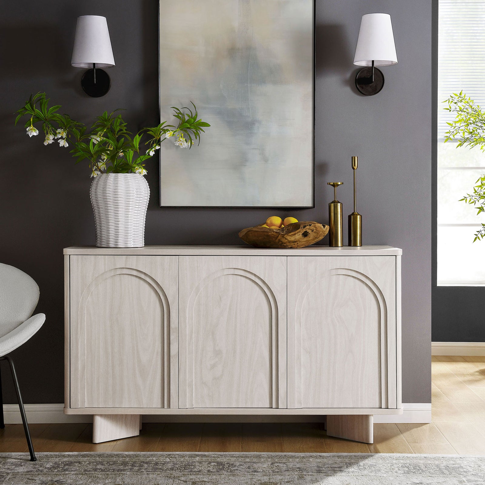 Flux arched sideboard styled with vases and decor in a contemporary living space || EEI-7039-WWA || front_room