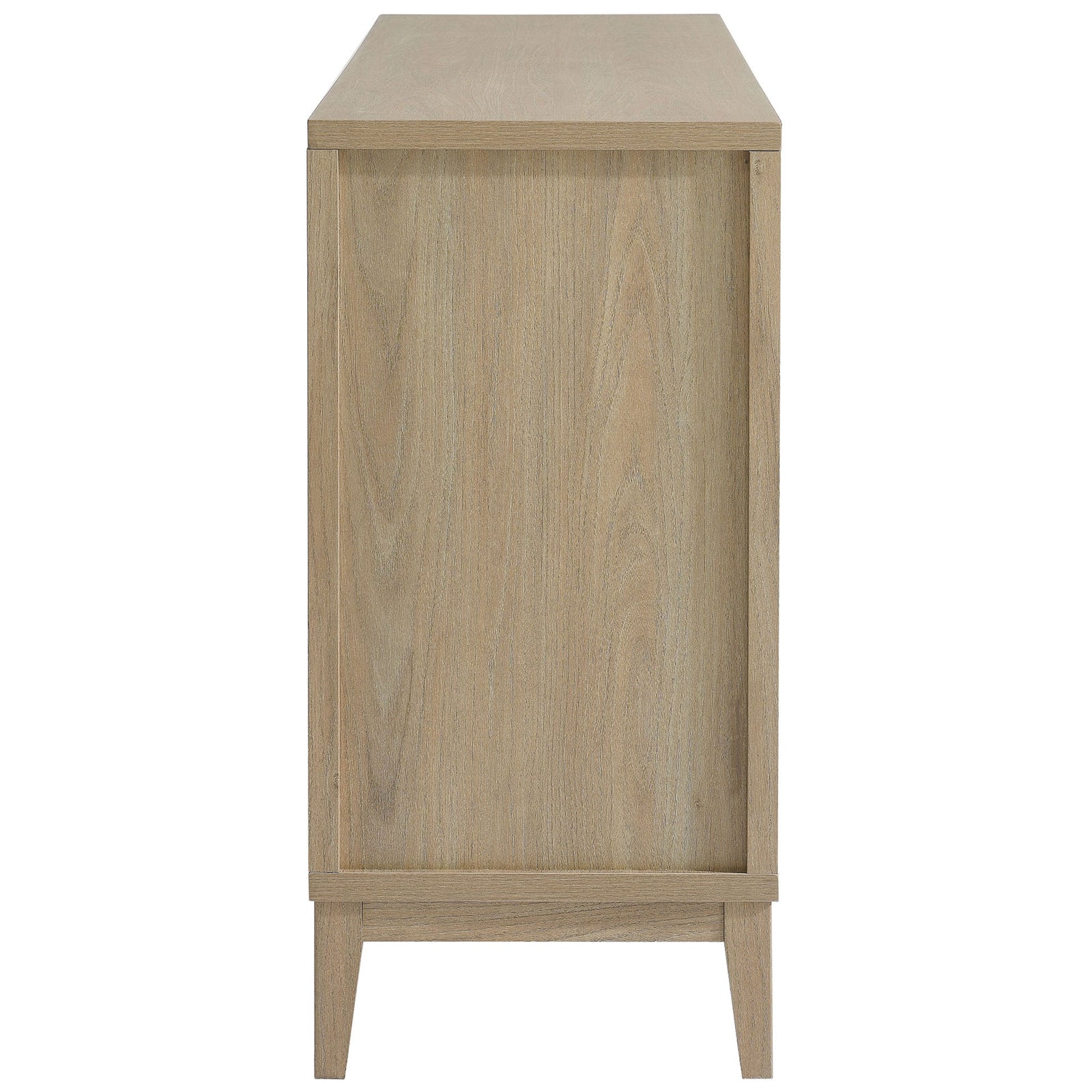 Slim side profile of the Sinya sideboard highlighting the light oak wood grain and clean lines. || EEI-7040-LOA || side_studio