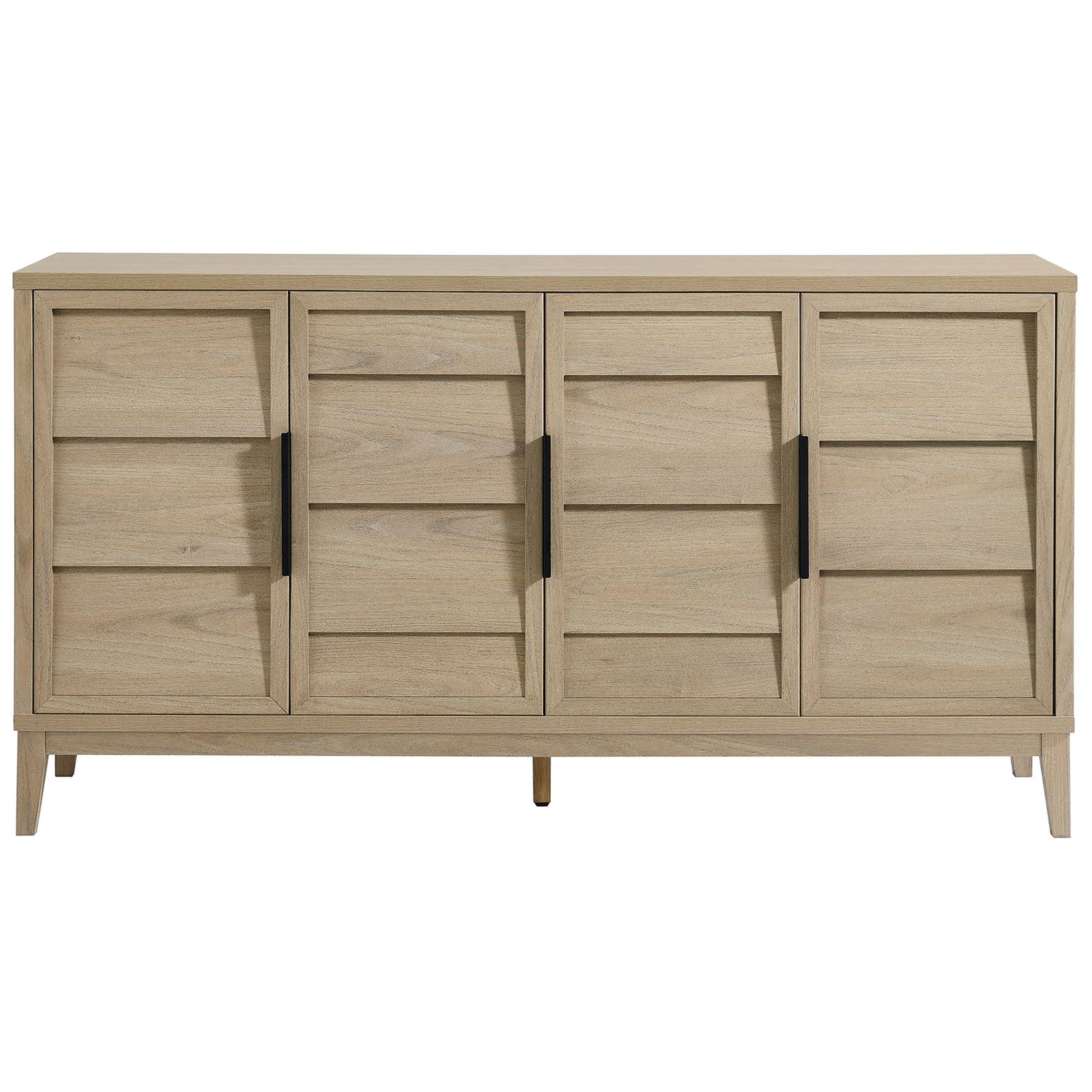 Sinya light oak sideboard with four panel doors and slim black handles on tapered legs. || EEI-7040-LOA || front_studio