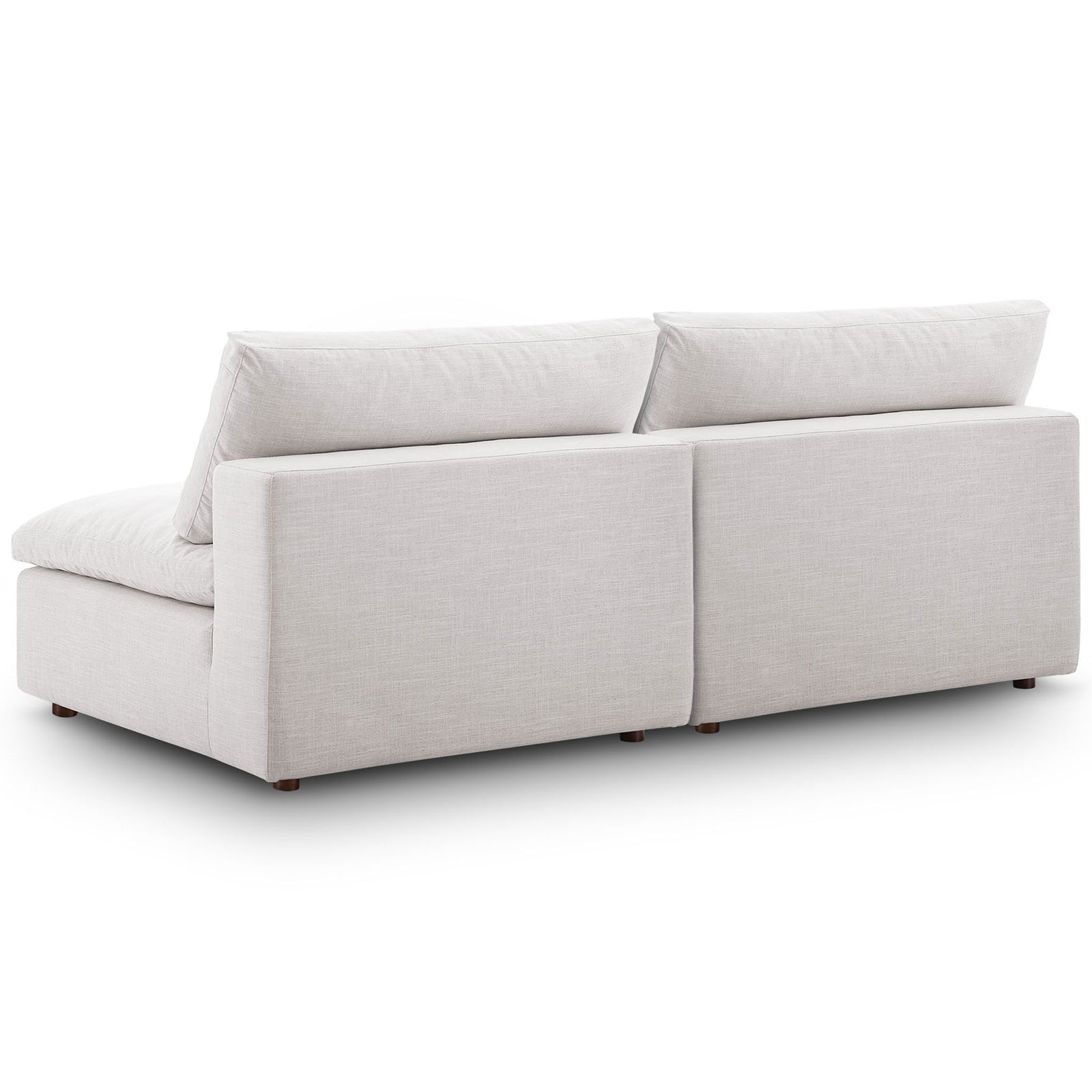 Beige modular loveseat with smooth upholstered back and compact profile on round wood feet || EEI-7042-BEI || back_angle_studio