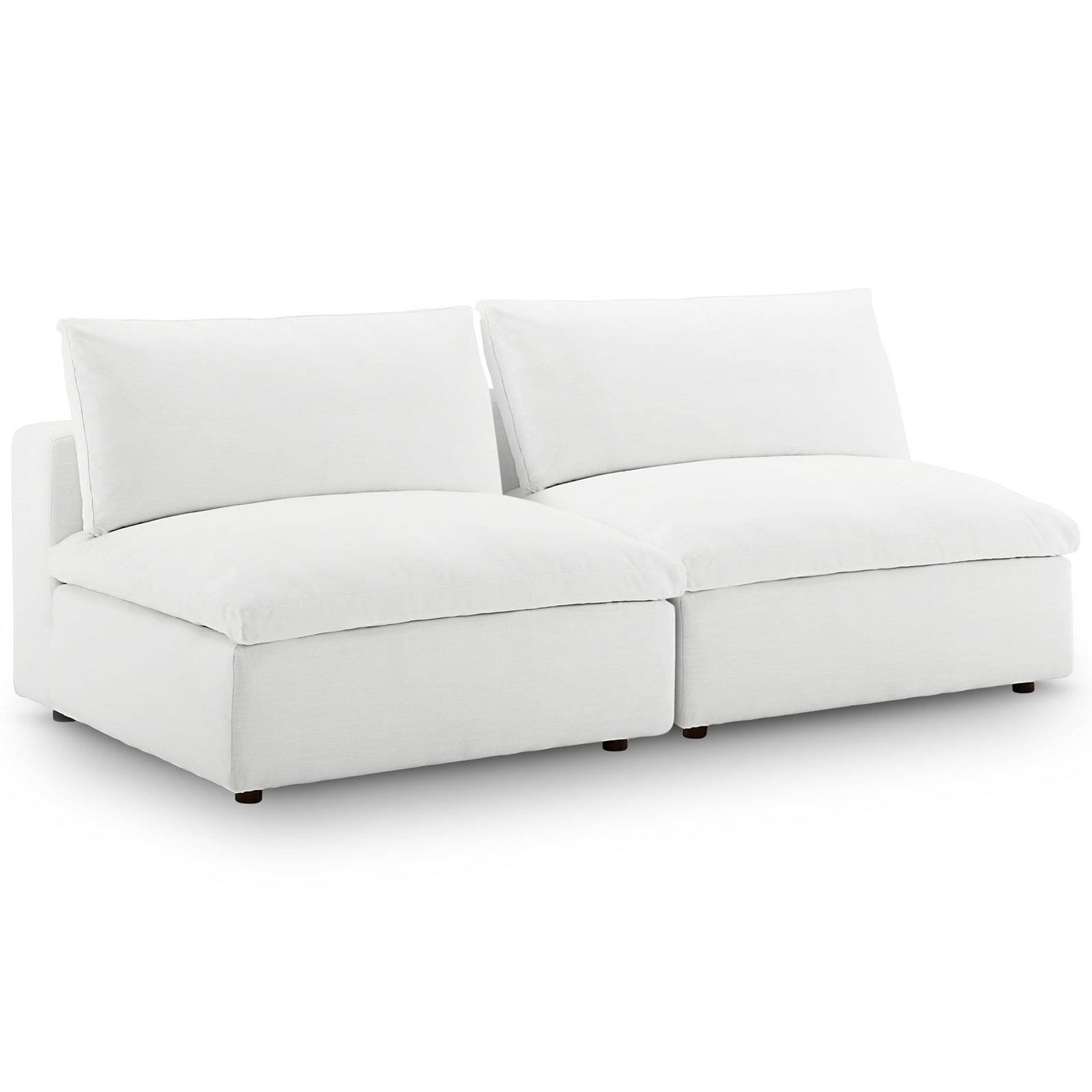 White Commix 2-piece armless loveseat with sink-in down cushions and deep, overstuffed seats for lounging || EEI-7042-WHI || front_angle_studio