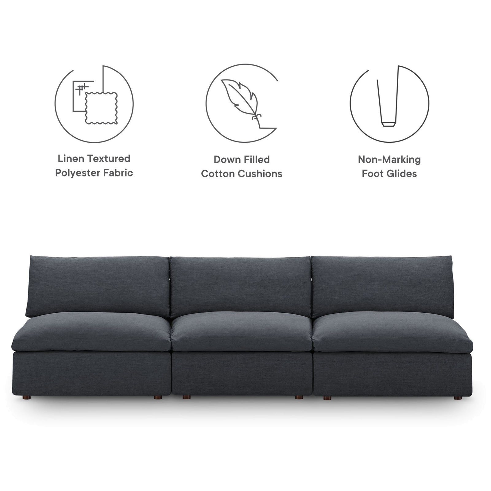 Gray sectional sofa with linen textured polyester fabric, down filled cushions, and non marking foot glides || EEI-7043-GRY || callout_studio