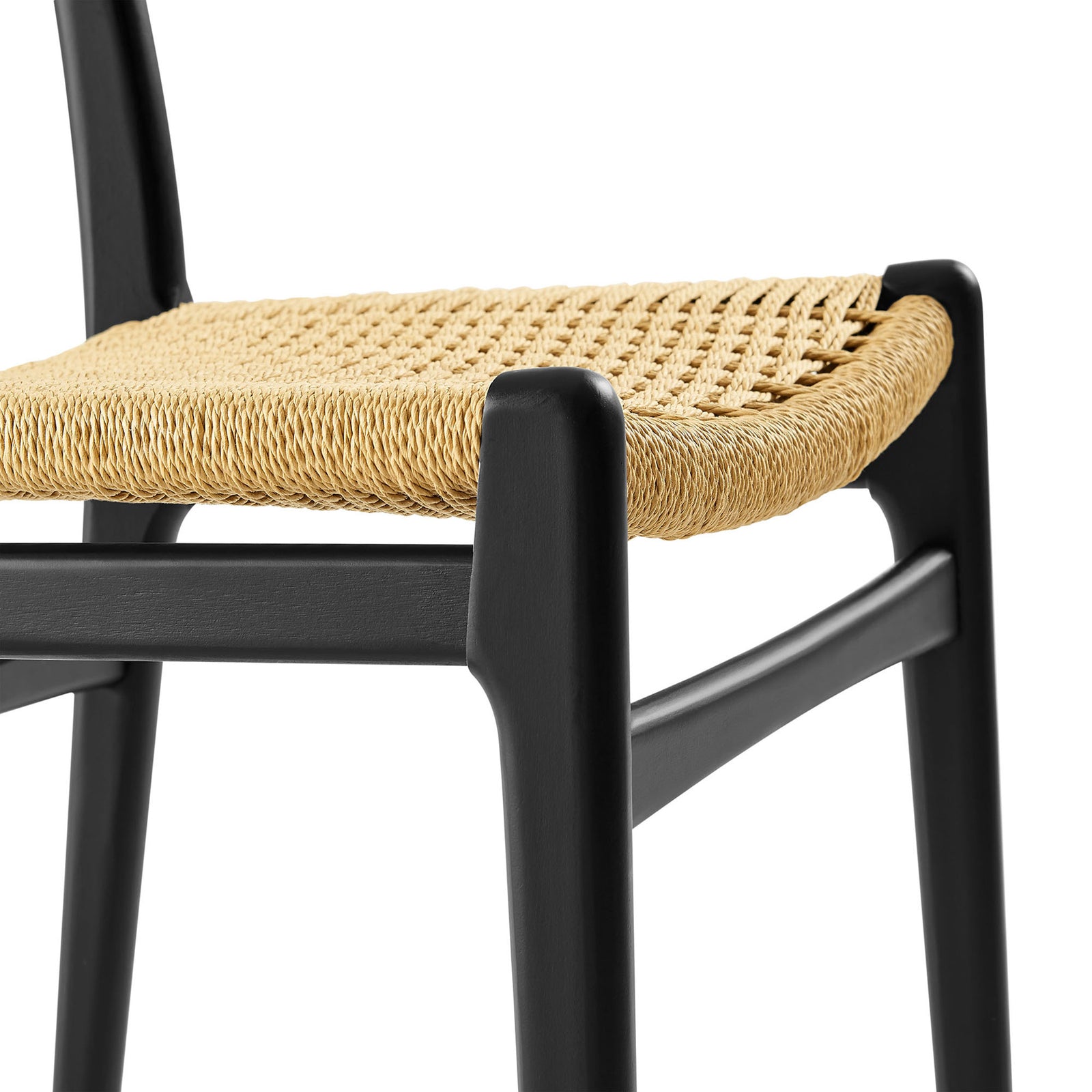 Woven natural rope seat and smooth black wood frame detailing on dining chair || EEI-7044-BLK-NAT || detail_studio
